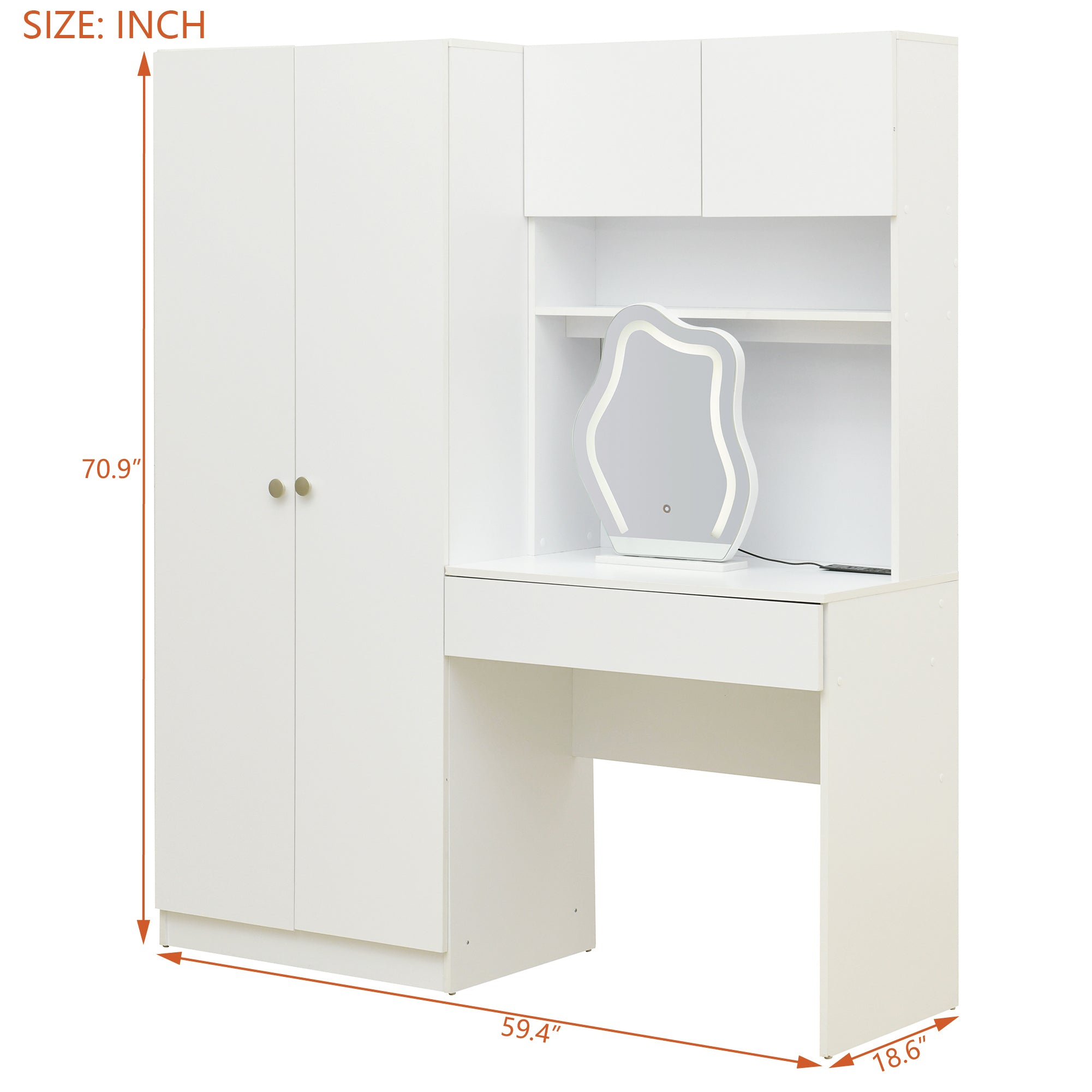 White 2-Door Wooden Storage Vanity Wardrobe with Makeup Mirror & Drawers - Bedroom Organizer for Clothes, Jewelry & Cosmetics | Perfect for Small Spaces & Master Bedrooms