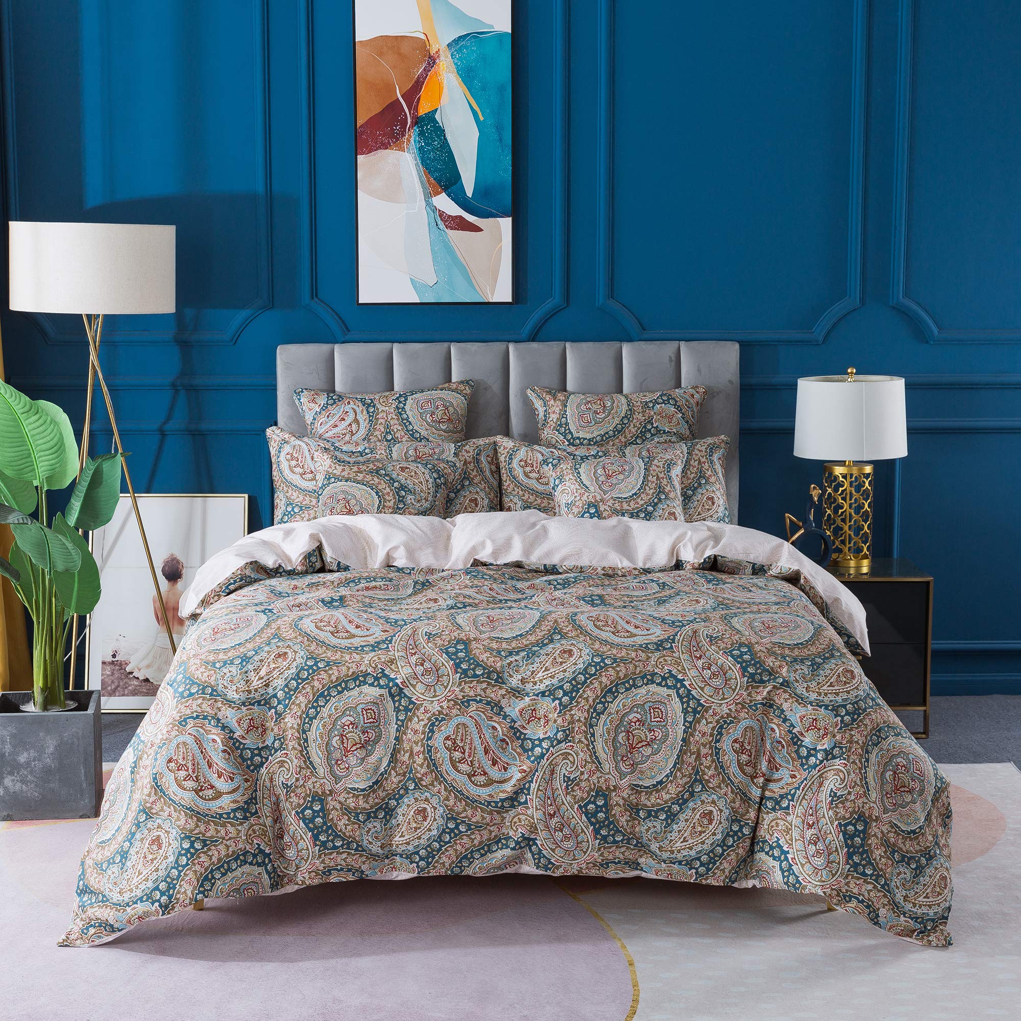 FADFAY Queen Size Paisley Duvet Cover Set - 100% Cotton Reversible Blue & Beige Floral Bedding with Hidden Zipper | Ultra Soft 3-Piece Set (1 Duvet Cover + 2 Pillowcases) | Perfect for Master Bedrooms, Guest Rooms & Bohemian Home Decor