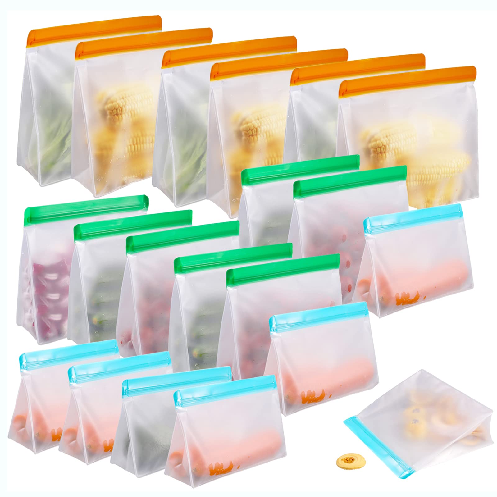UXIAN 20 Pack Reusable Food Storage Bags - 6 Gallon, 7 Sandwich & 7 Snack Bags | FDA Approved Leakproof Freezer Bags for Meat, Fruits, Cereal & Snacks | Eco-Friendly Stand Up Storage Solution for Kitchen, Picnics & Meal Prep