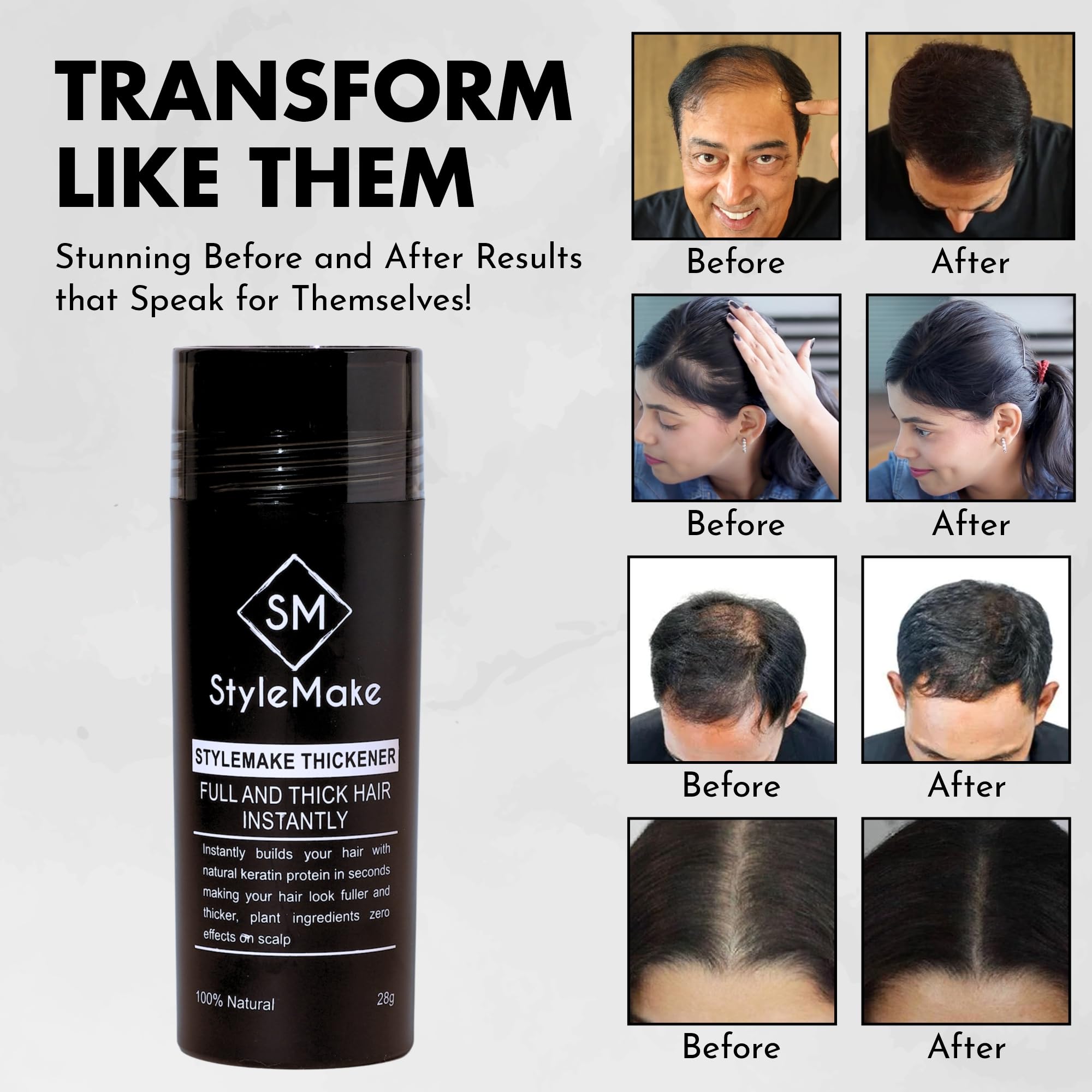 StyleMake Hair Thickening Fibers for Men & Women - Volumizing Hair Loss Concealer for Thin & Fine Hair | Undetectable Natural-Looking Coverage (Black, 28g) | Perfect for Daily Use, Special Occasions & Confidence Boosting