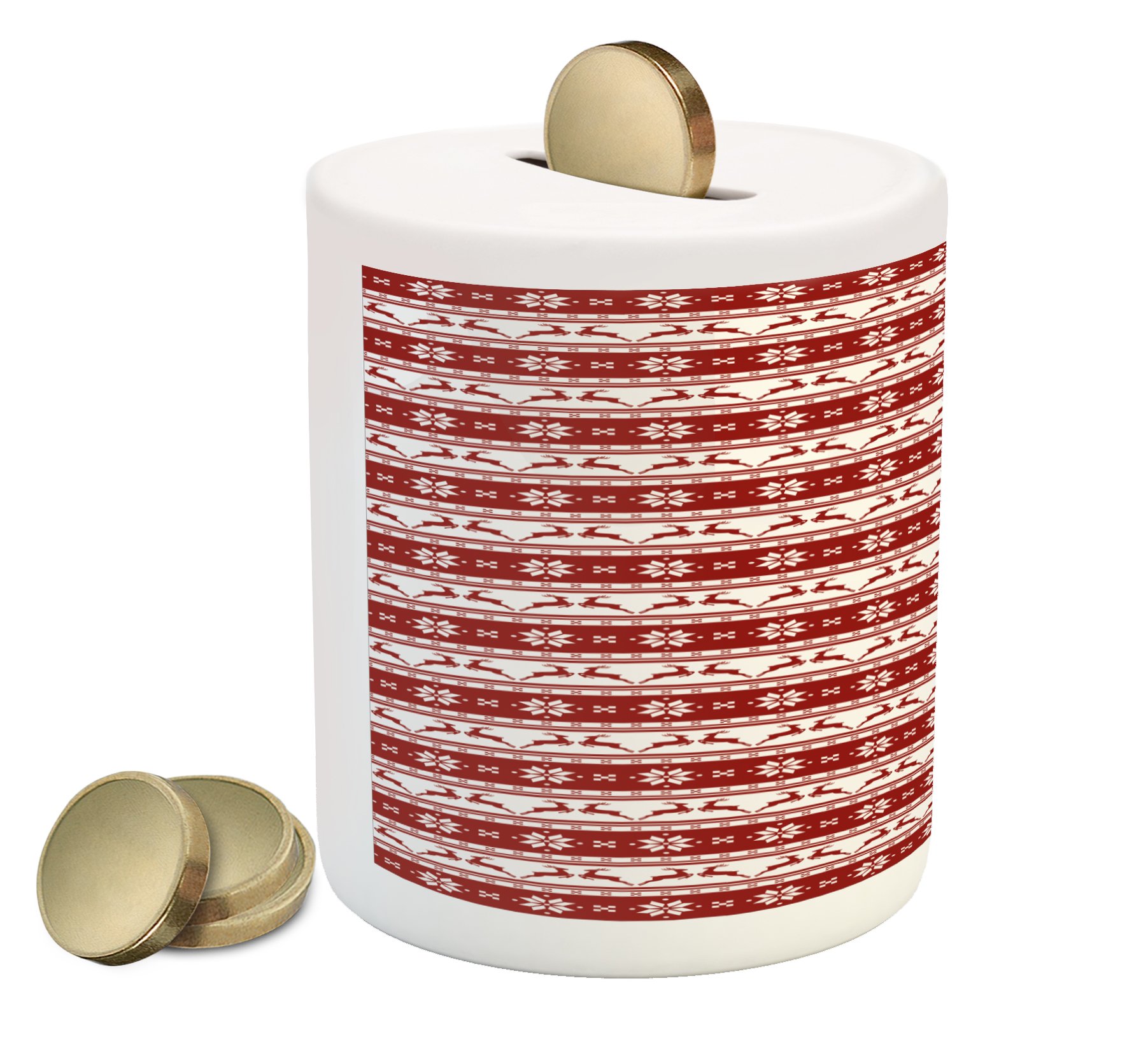 Ambesonne Christmas Piggy Bank - Nordic Pattern Ceramic Coin Bank with Deer & Snowflakes Design for Holiday Cash Savings - Perfect Gift for Kids & Adults (Ruby White)