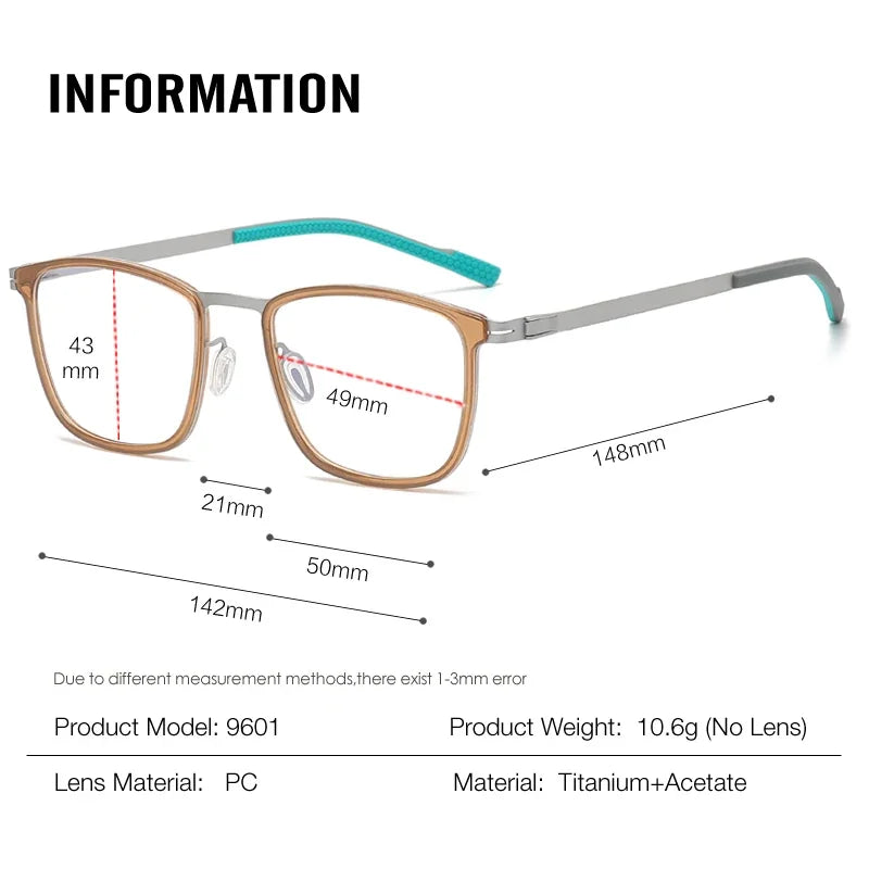 Aror Unisex Full Rim Square Acetate Titanium Eyeglasses 9601 - Lightweight Durable Frame for Men & Women - Perfect for Work, Reading & Fashion Accessory