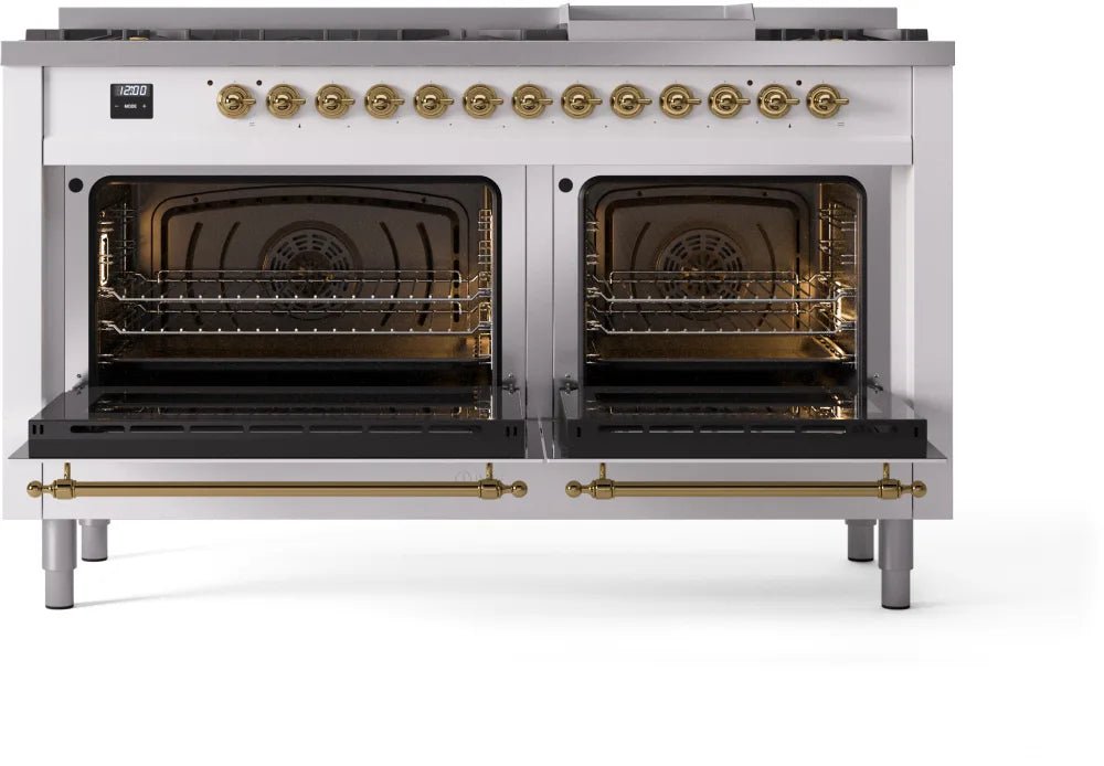 ILVE Nostalgie II 60-Inch Dual Fuel Natural Gas Range - White with Brass Trim (UP60FNMPWHG) | Professional Kitchen Appliance for Home Chefs & Cooking Enthusiasts