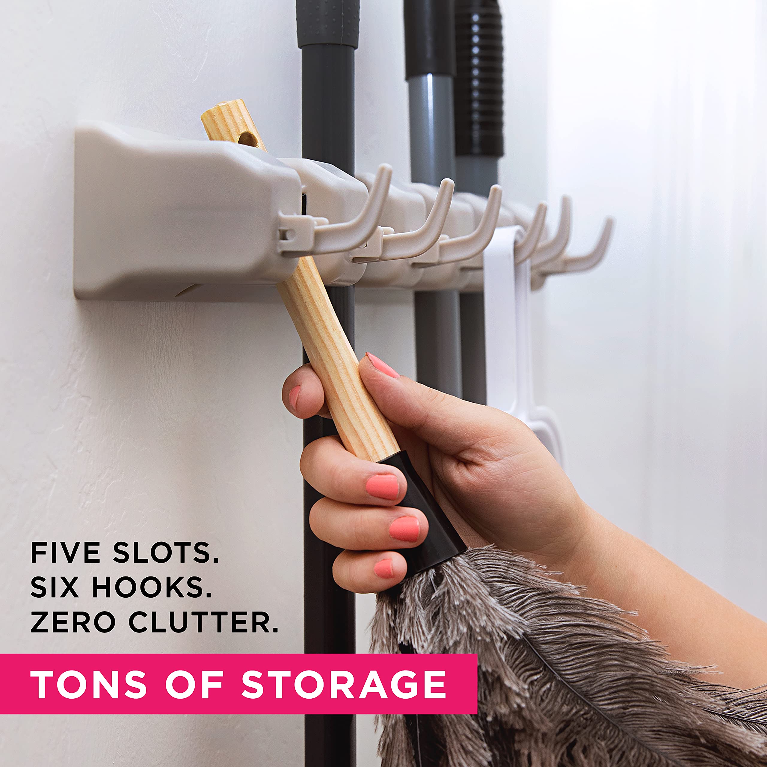 Wall Mount Broom Holder & Garden Tool Organizer - Heavy Duty Storage Rack for Mops, Rakes, Brooms (Up to 1.25-Inch Handles) - Space Saving Closet, Kitchen, Garage Organization with 6 Hooks - Perfect for Home, Apartment & Outdoor Storage (Beige, 1 Pack)
