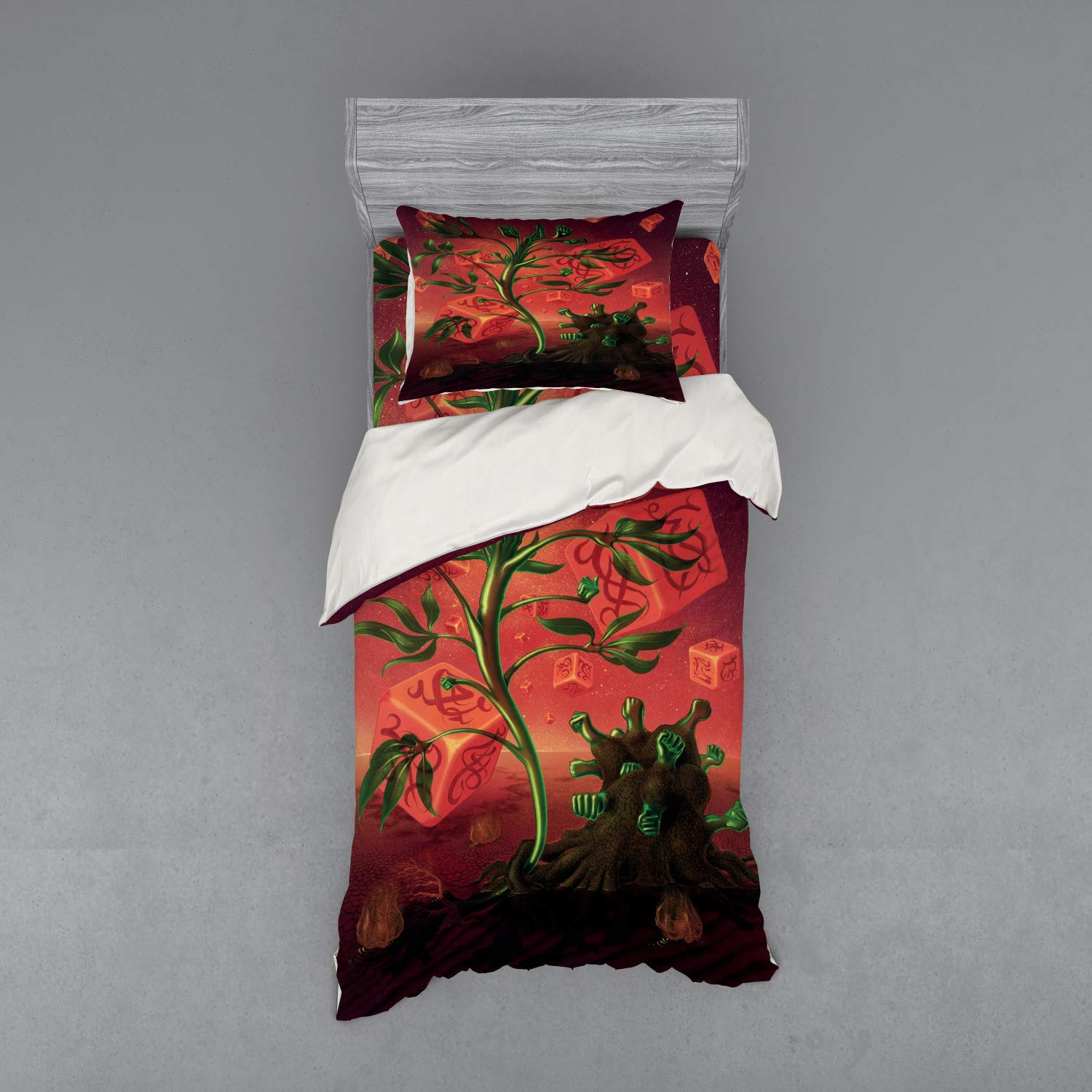 Ambesonne Psychedelic Duvet Cover Set - Trippy Surreal Fantasy Cubes & Unique Plants Design - 3 Piece Bedding Set with Pillow Sham & Fitted Sheet - Twin Size in Scarlet Green - Perfect for Bohemian Bedrooms & Hippie Themed Decor
