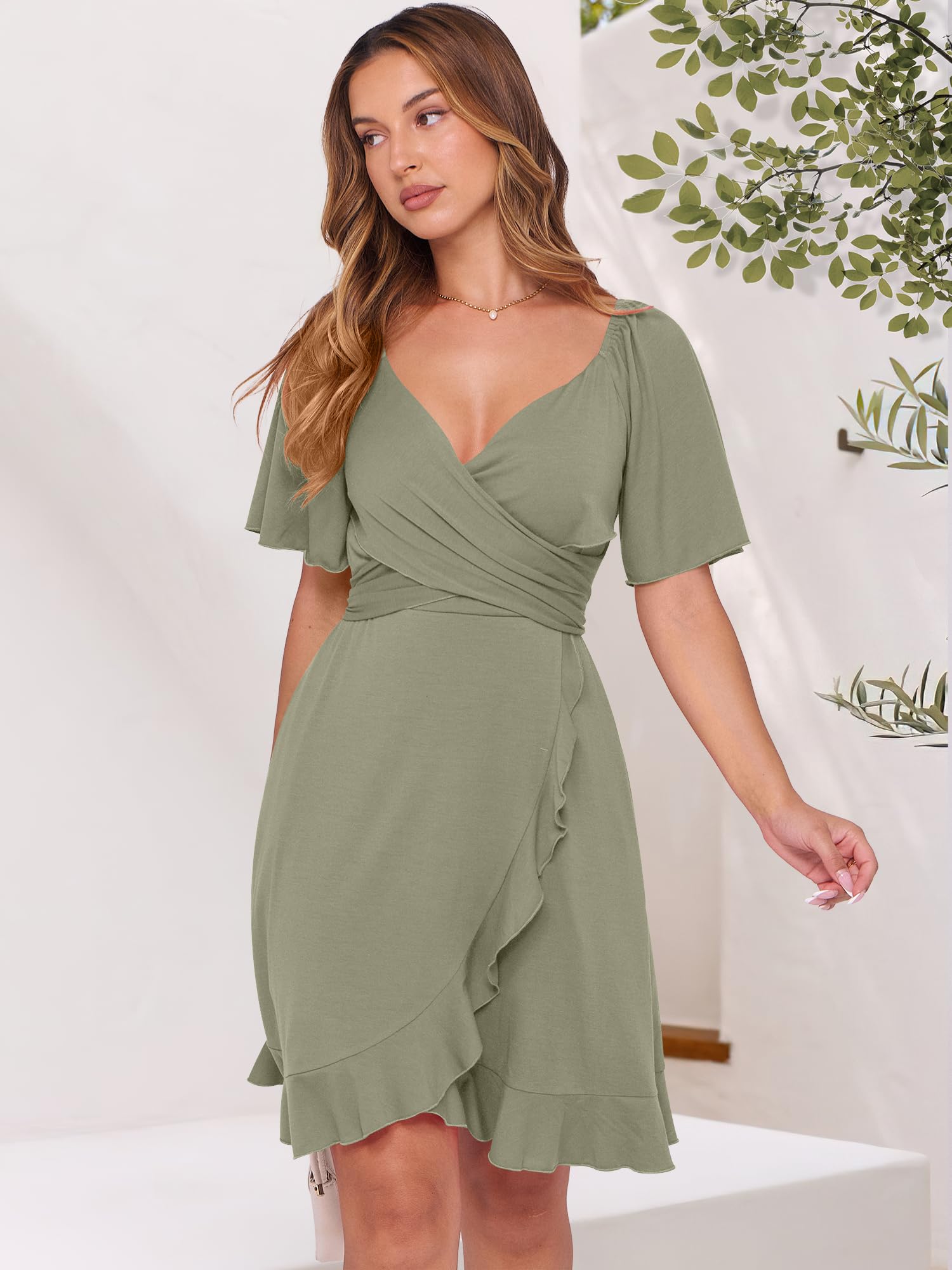 Caracilia Women's Summer Wrap Mini Dress - Casual V Neck Short Sleeve Ruffle Hem Cocktail Dress for Wedding Guest, Beach Party & Date Night