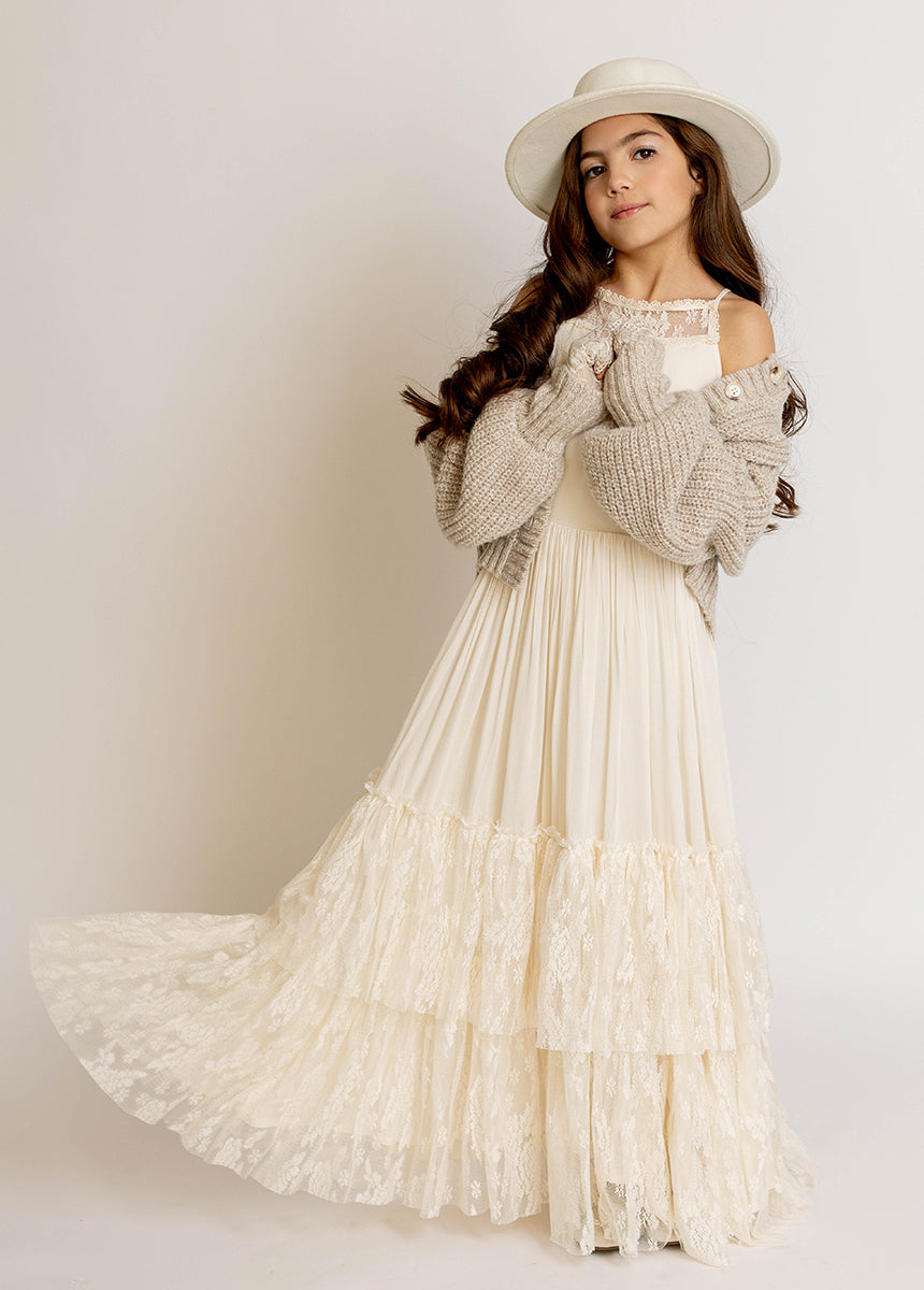 Catrin Dress in Cream | Elegant Women's Floral Maxi Dress for Summer, Beach, and Special Occasions