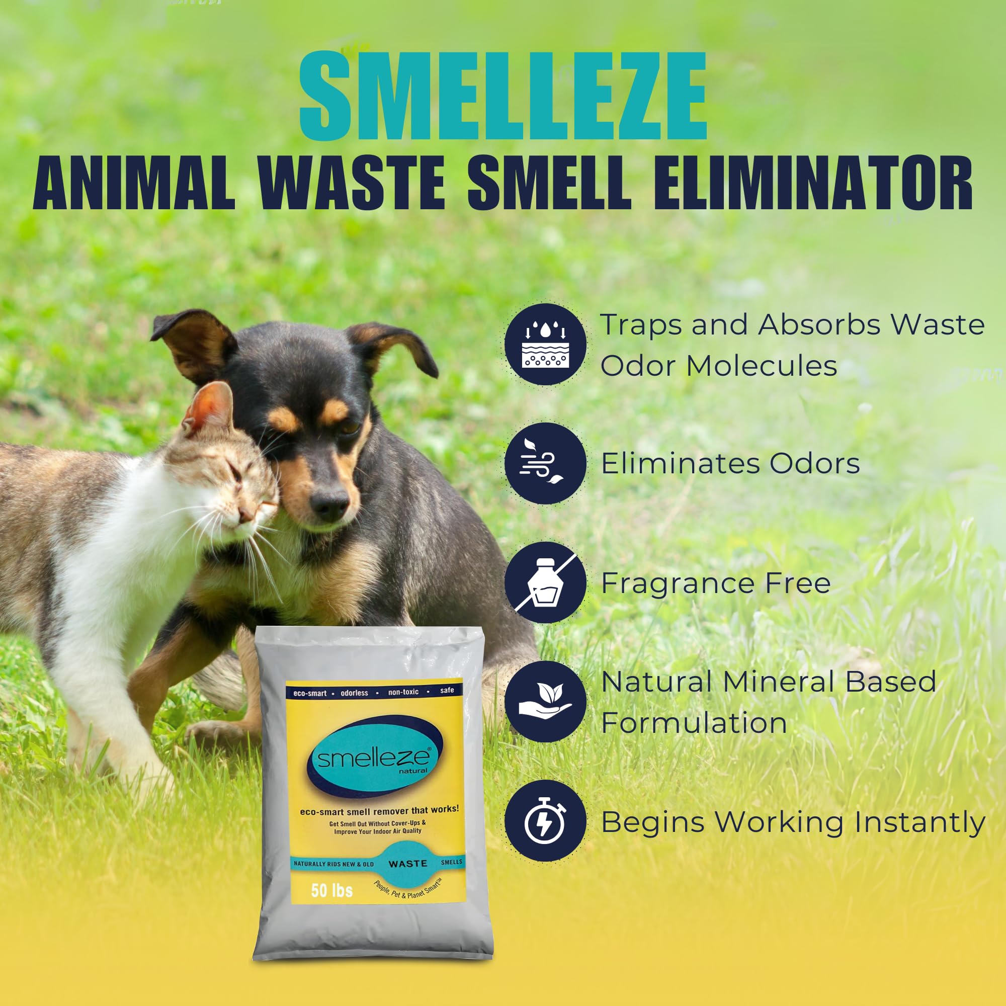 SMELLEZE Natural Animal Waste & Manure Odor Eliminator Granules - 50 lb Bag for Dog Poop, Cat Litter, Horse Stalls & Farm Waste - Safe & Effective Urine & Feces Smell Remover for Pet Owners & Farmers