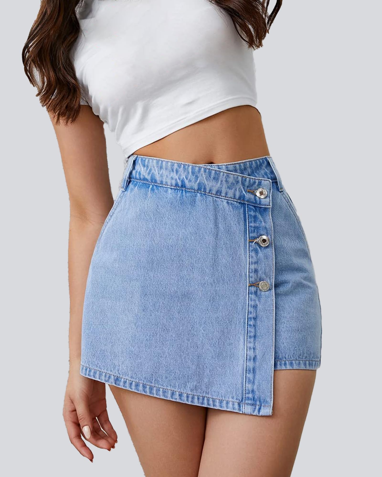 Women's High Waisted Denim Shorts - Casual Button Up Asymmetrical Jean Skort Skirt Mini Shorts for Summer Outfits, Beachwear & Street Style Fashion