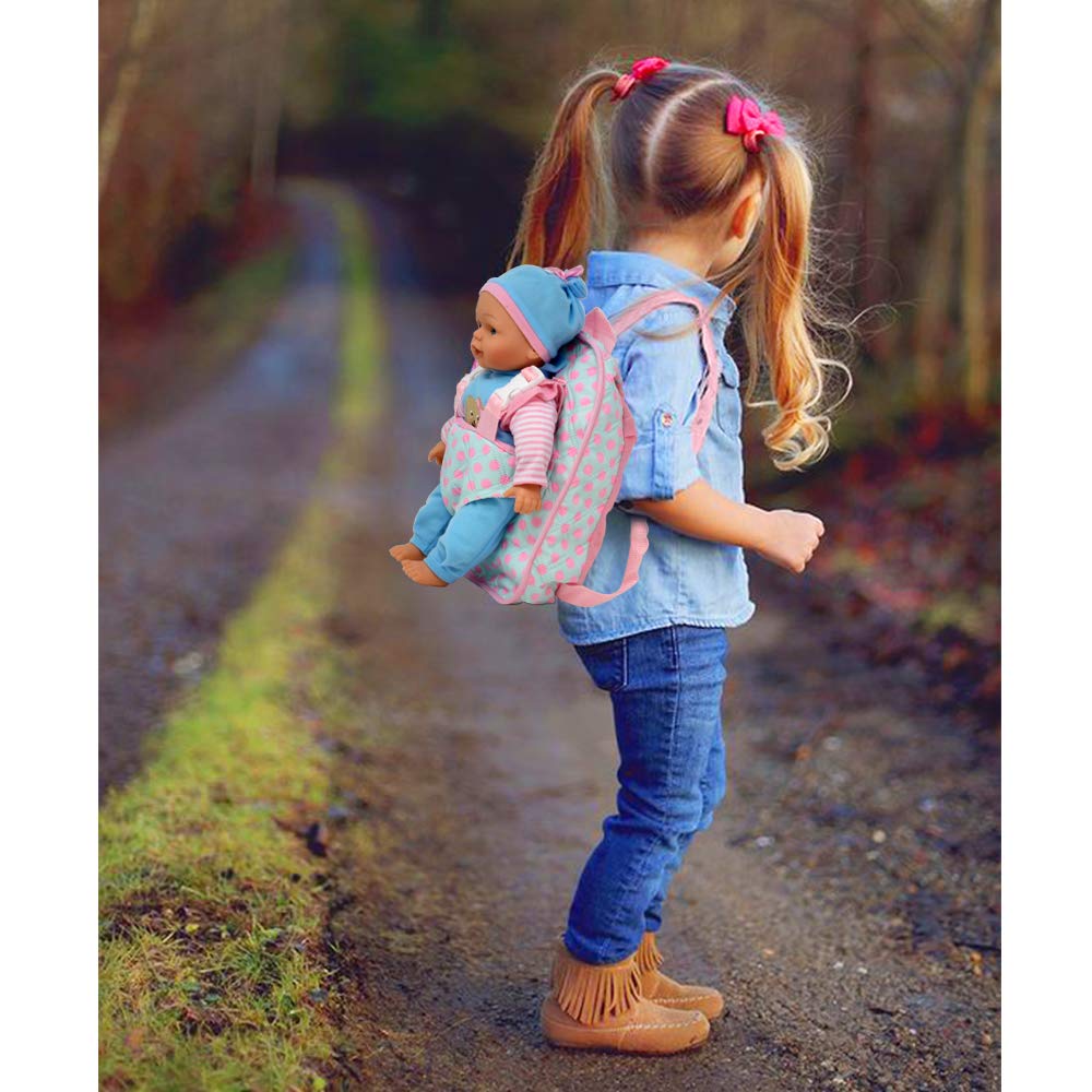 13-inch Soft Baby Doll with Pink Backpack Carrier - Fits Accessories & Clothes - Perfect for Pretend Play, Travel & Gifts for Toddlers