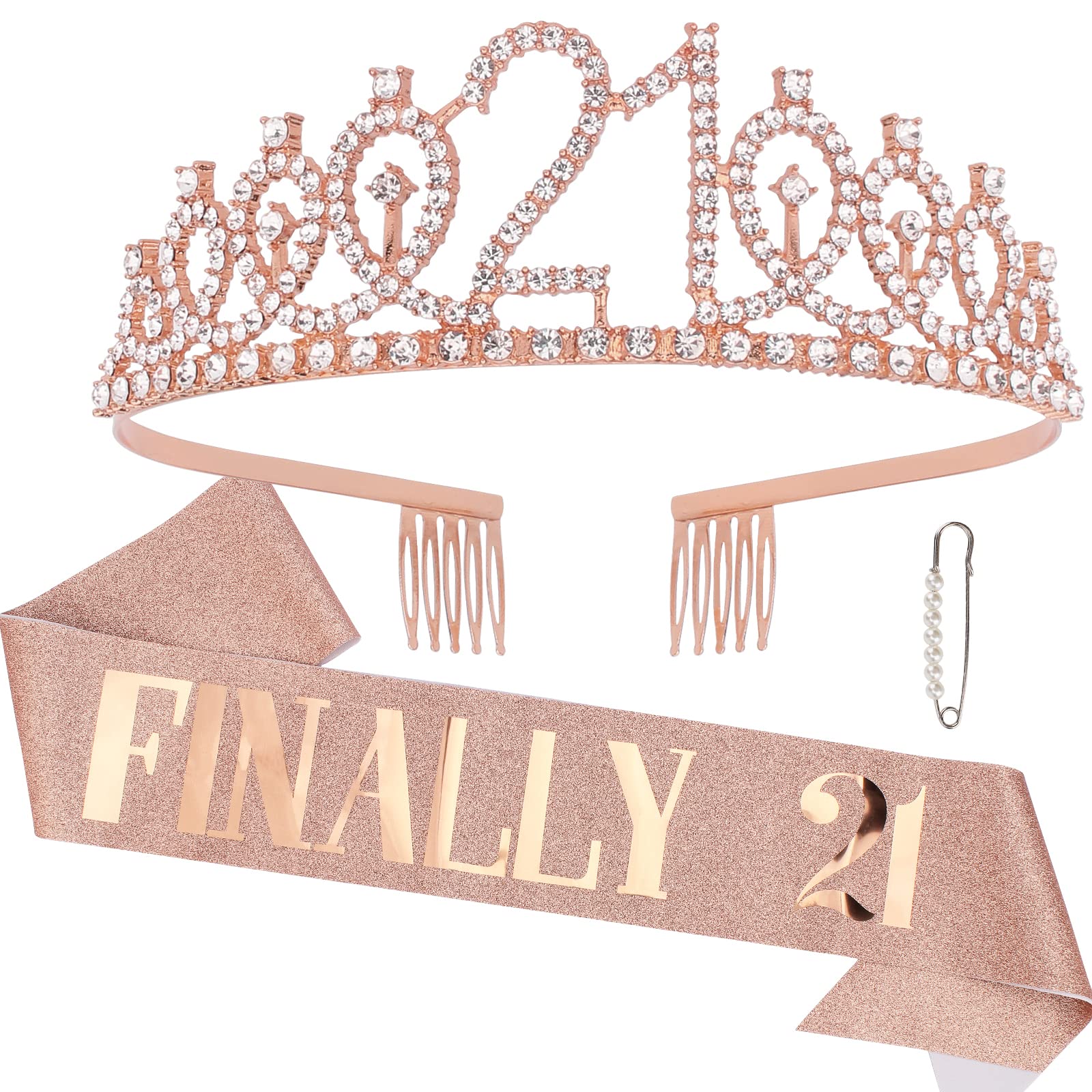 Rose Gold 21st Birthday Sash & Crown Set for Women - Elegant Tiaras & Sash for 21st Birthday Party Decorations - Perfect for Birthday Queen Celebrations, Bachelorette Parties & Special Occasions