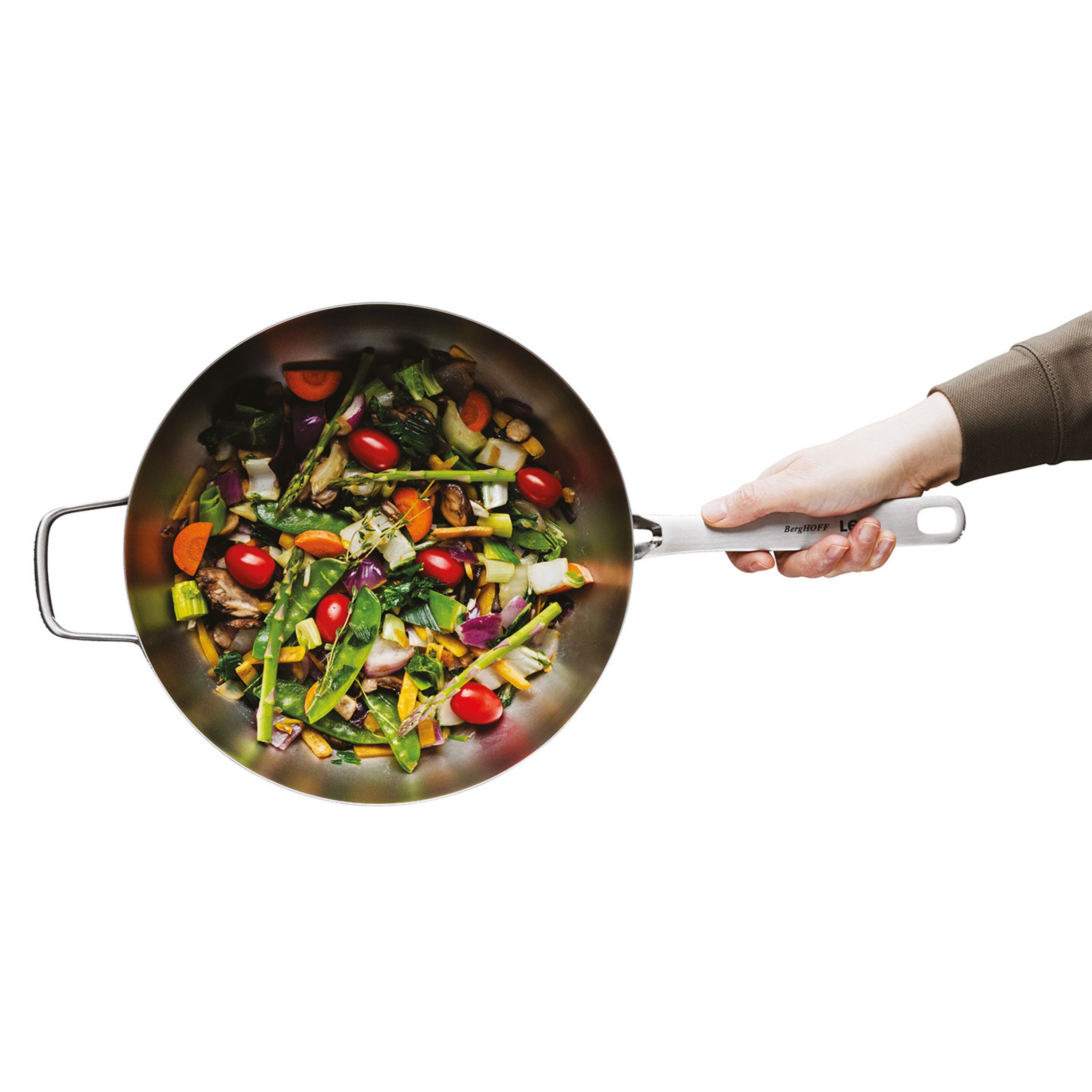 BergHOFF Leo Graphite Recycled 18/10 Stainless Steel Wok Pan - 11 Inch, 5.2 Quart Capacity with Tempered Glass Lid - Perfect for Stir-Frying, Sautéing & Asian Cooking