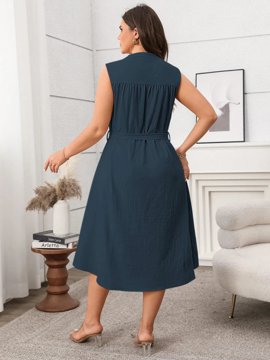 Plus Size Button Front Tie Waist Sleeveless Dress for Women - Flowy Summer Midi Dress for Casual Outings, Beach Vacations & Special Occasions
