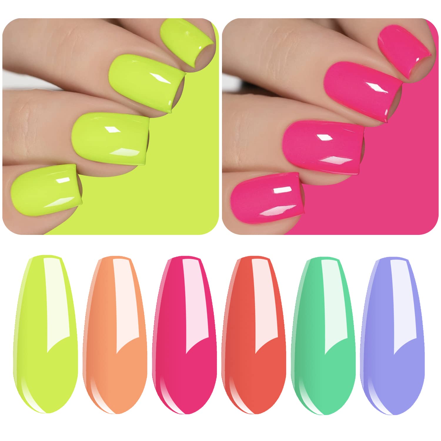 Vishine Gel Nail Polish Kit - 6 Colors Neon Set (Lemon Green, Peachy Coral, Creamy Blue) for UV/LED Nail Lamp, 8ml Soak Off Manicure - Perfect for Summer Nail Art, Salon & Home DIY Designs