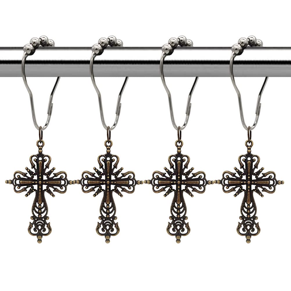 Stainless Steel Shower Curtain Hooks Set of 12 - Rustproof Bathroom Curtain Rings with Cross Pendant Design for Church, Home Decor (Bronze Openwork Cross) - Perfect for Bathroom, Wedding, Baptism & Religious Ceremonies