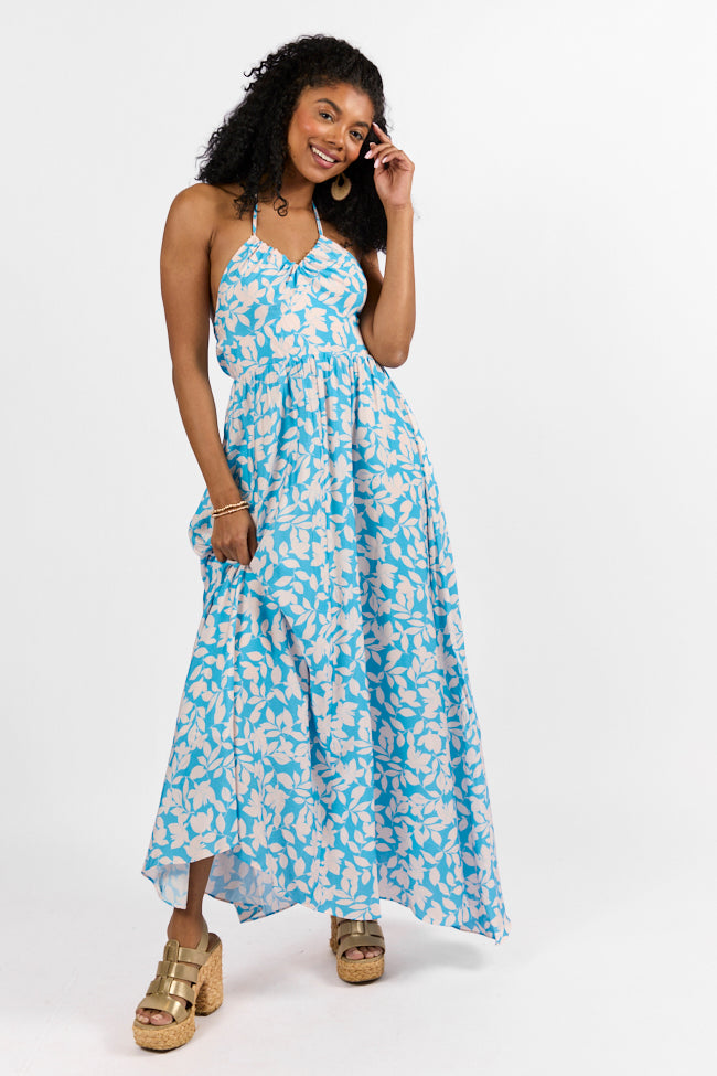 Golden Days Blue Halter Neck Printed Maxi Dress - Floral Summer Beach Dress for Women | Perfect for Vacation, Pool Party & Boho Outfit