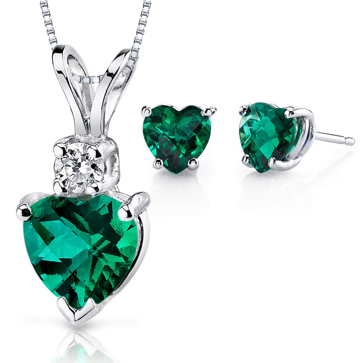 PEORA 14K White Gold Heart Shaped Created Emerald & Diamond Pendant (1 Carat) with Matching Stud Earrings (1.50 Carats) - Elegant Jewelry Set for Valentine's Day, Anniversary & Special Occasion Gifts