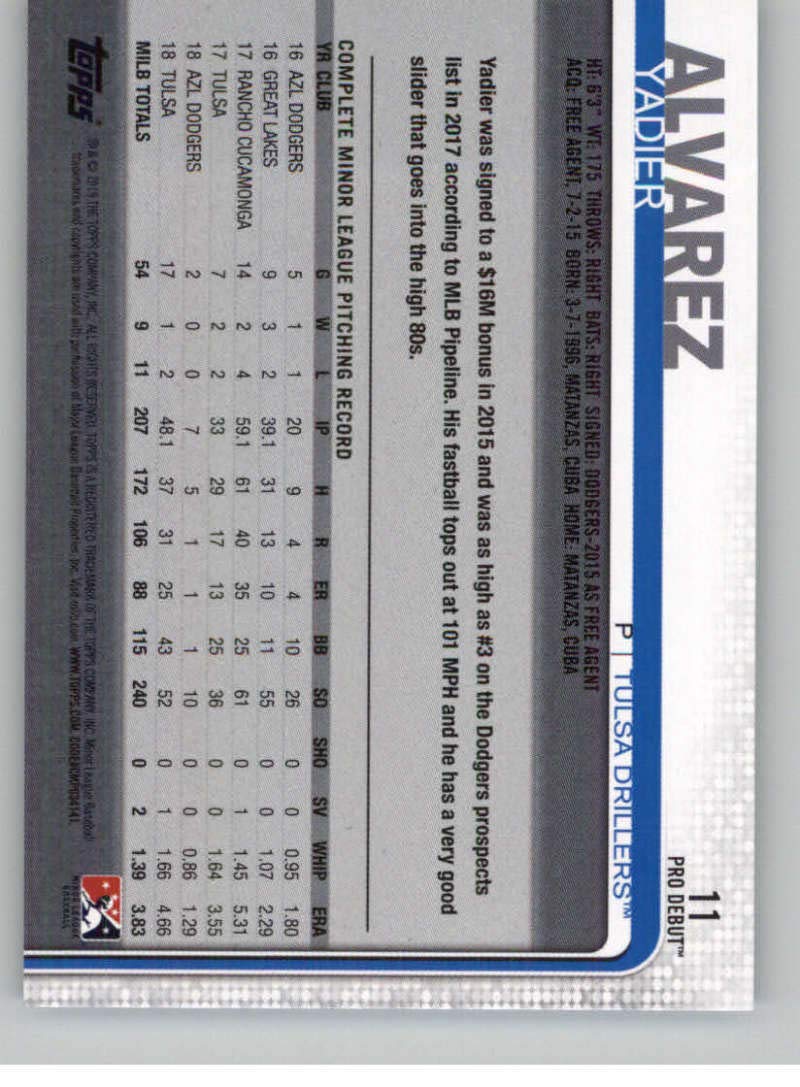 2019 Topps Pro Debut Baseball Card #11 Yadier Alvarez - Tulsa Drillers Collectible for Sports Fans