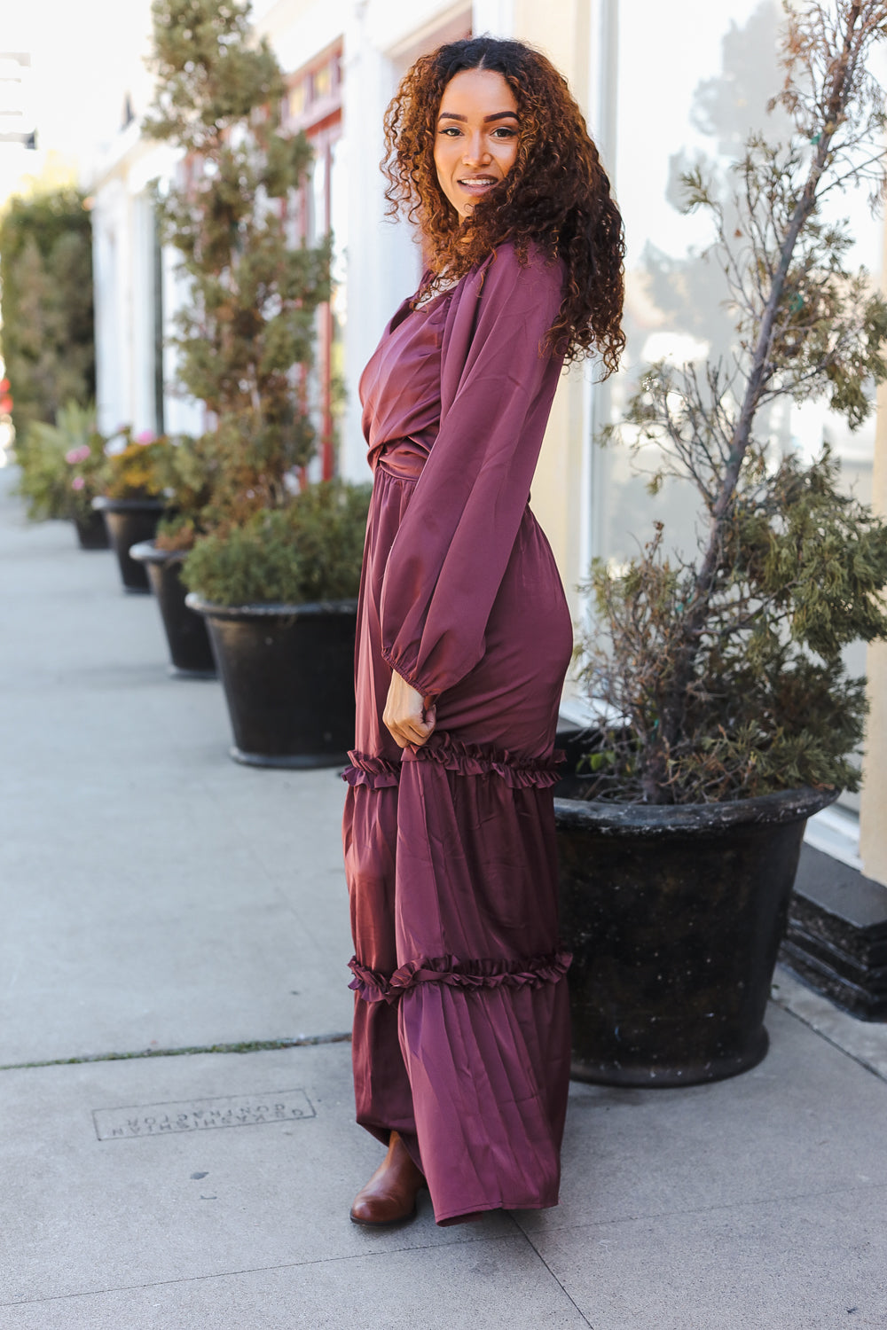 Holiday Vibes Wine Satin Front Overlap Smocked Back Maxi Dress for Women - Elegant Party Gown for Christmas, New Year & Special Occasions