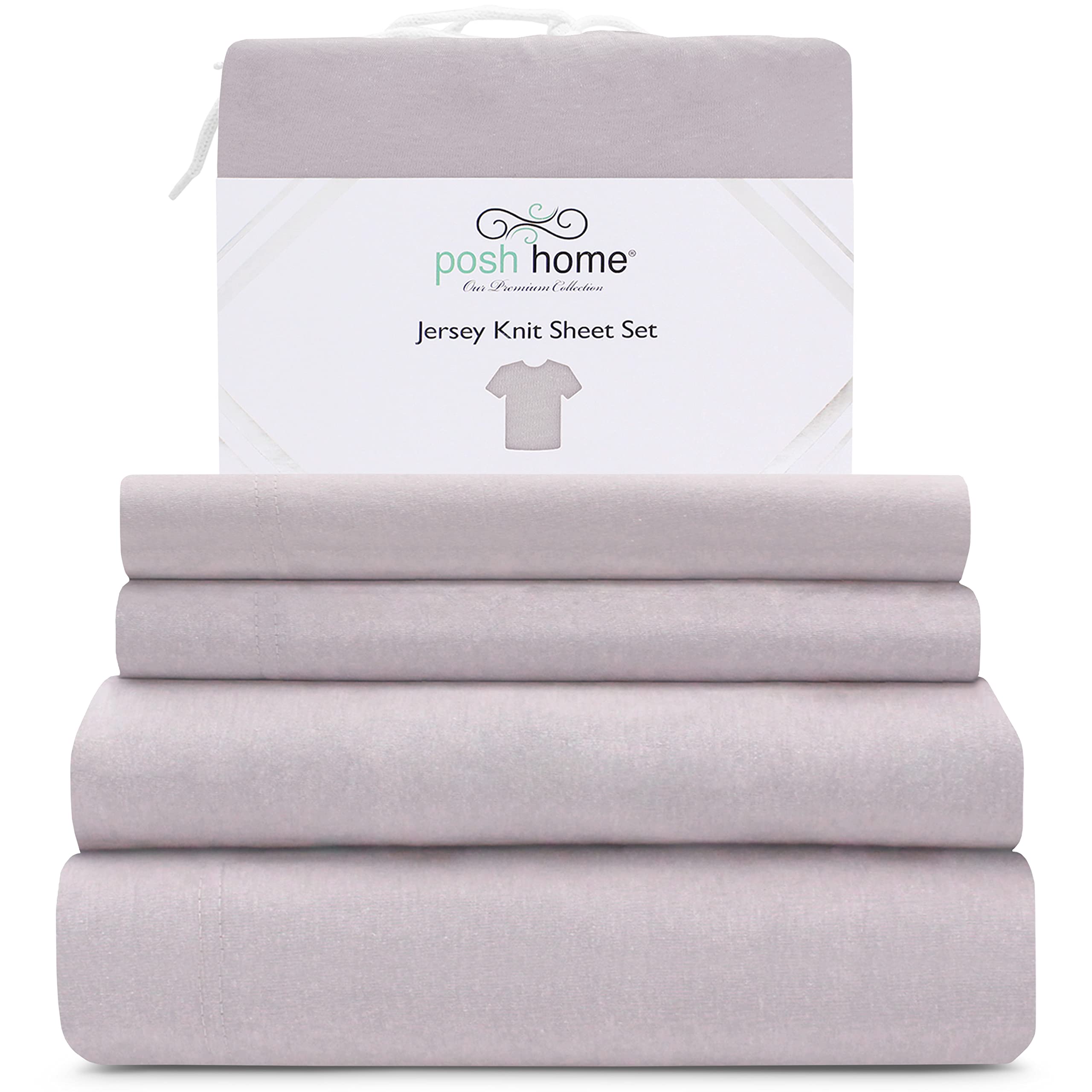 Posh Home Jersey Knit Sheet Set – 4-Piece Soft & Breathable Cotton Jersey Bed Sheets for Queen Size Bed – Includes Flat Sheet, Fitted Sheet & 2 Pillowcases – Lilac Haze – Perfect for Cozy Nights & All-Season Comfort