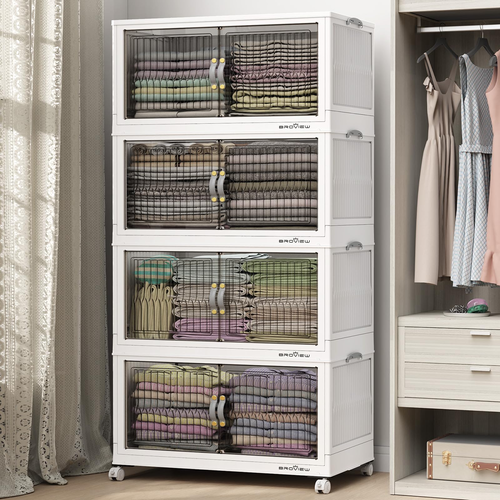 120 Qt Stackable Storage Bins with Lids - 4 Pack White Collapsible Storage Boxes with Wheels | Plastic Closet Organizer, Clothes Storage Cabinet & Drawer Containers for Home, Office & Garage Organization