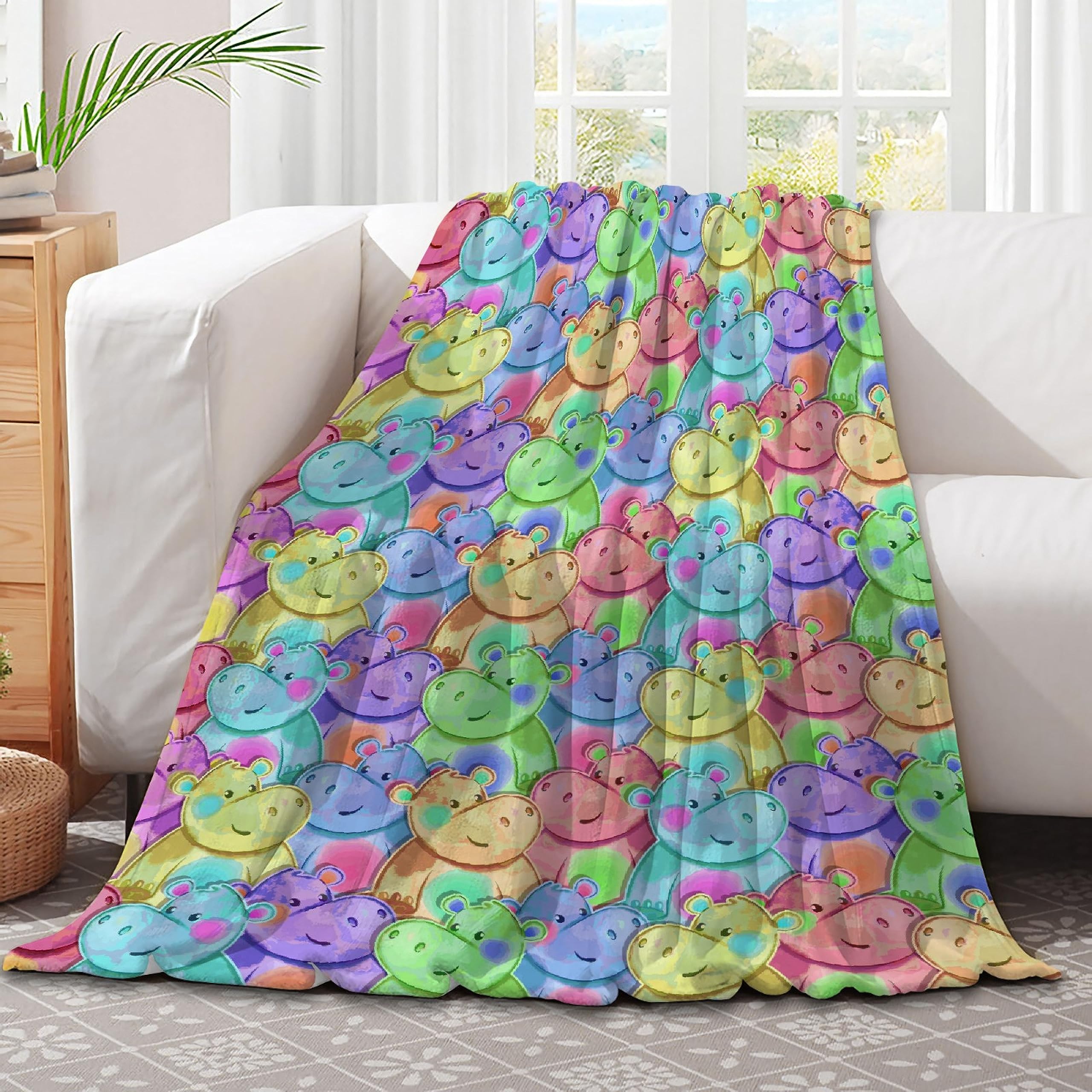 Soft Fluffy Hippo Print Flannel Blanket - Cozy Plush Throw for Queen & Twin Beds (60x50 Inches) - Perfect for Living Room, Couch, Travel & Outdoor Picnics