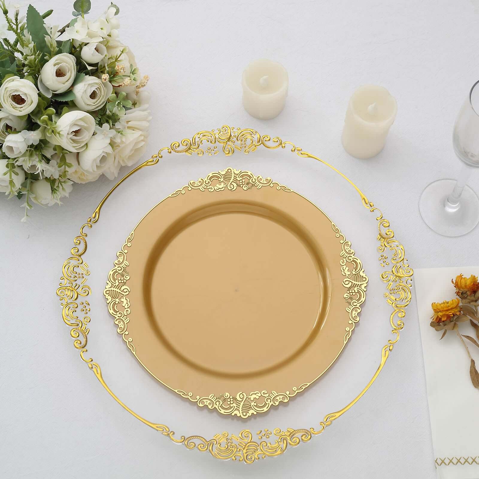 10 Pack Gold Plastic Round Dinner Plates with Leaf Embossed Rim - Disposable Vintage Baroque Style Plates for Weddings, Parties & Luxury Events - Perfect for Elegant Dining, Buffets & Special Occasions