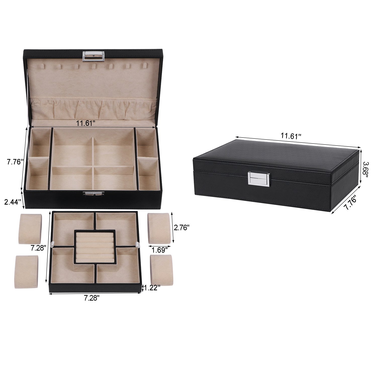 BEWISHOME Men's Jewelry Box Organizer - 4 Watch Case with Removable Tray, PU Leather Jewelry Storage for Necklaces, Earrings, Rings & Bracelets, Black Velvet Lining (SSH07B) - Perfect for Travel, Gifts & Home Organization