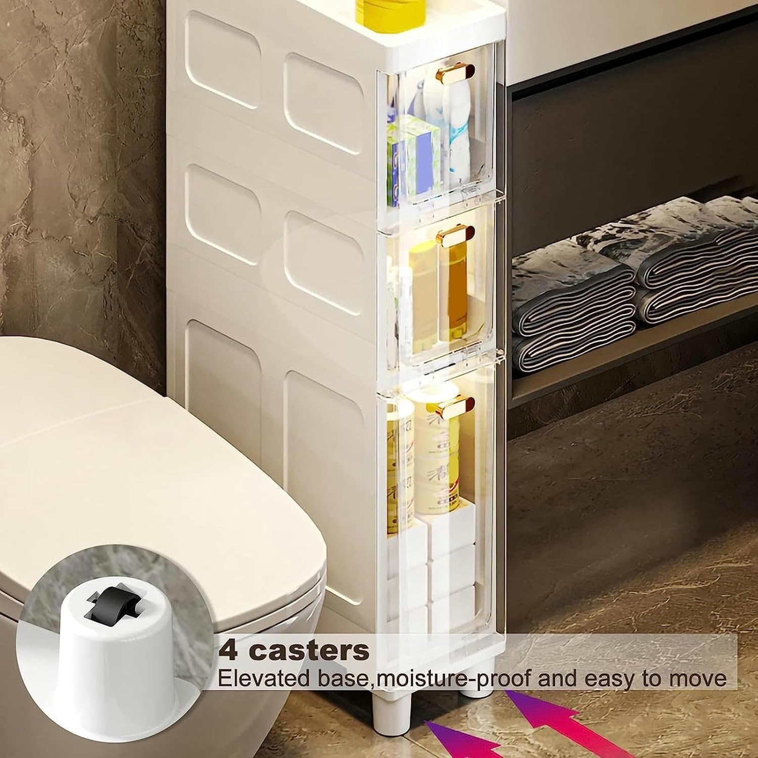 Stackable Narrow Tall Slim Storage Cabinet with Plastic Drawers & Casters - 3/4/5 Tier Floor Organizer for Bathroom, Kitchen, Office | Sturdy Toilet Paper & Household Item Storage Solution