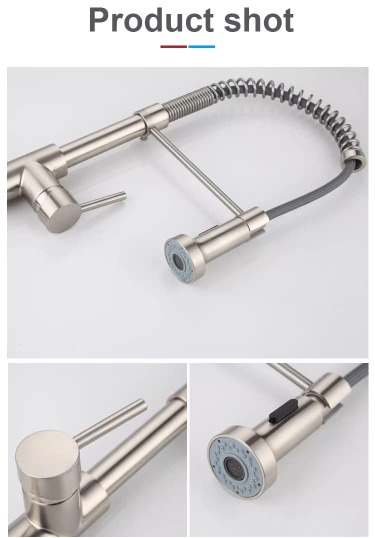 Brass Single Lever Kitchen Sink Mixer Tap with 360° Swivel & Pullout Sprayer - Multi-Function Spray Head Technology - Brushed Nickel Finish for Modern Kitchens (Easy Installation & Water Saving Design)