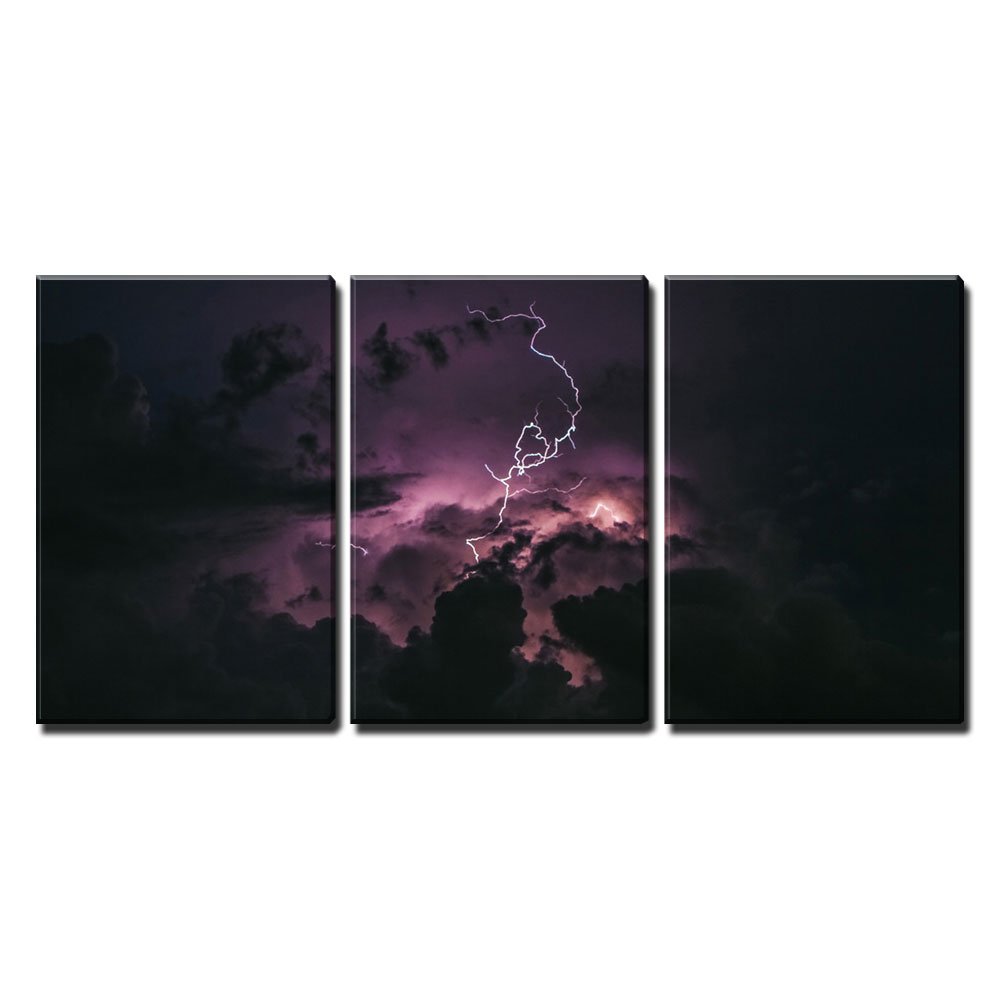 Wall26 - 3 Piece Canvas Wall Art Print of Lightning in Dark Night Sky - Modern Framed Home Decor Ready to Hang (24