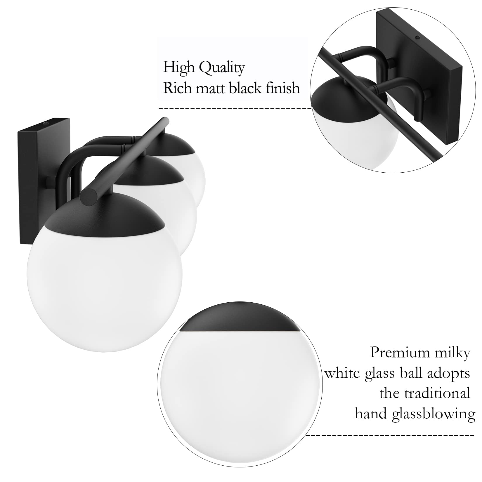 Ralbay Matte Black Bathroom Vanity Light Fixture - 3-Light Mid Century Modern Wall Sconce with Milky Glass Shades for Bathroom, Powder Room & Dressing Room Lighting