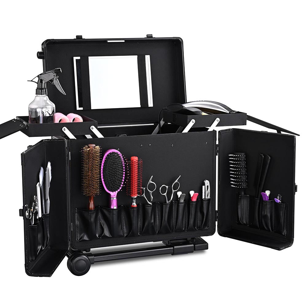 Professional Aluminum Rolling Barber Case with Handle & Mirror - Portable Hair Stylist Organizer for Salon, Travel, and Home Use