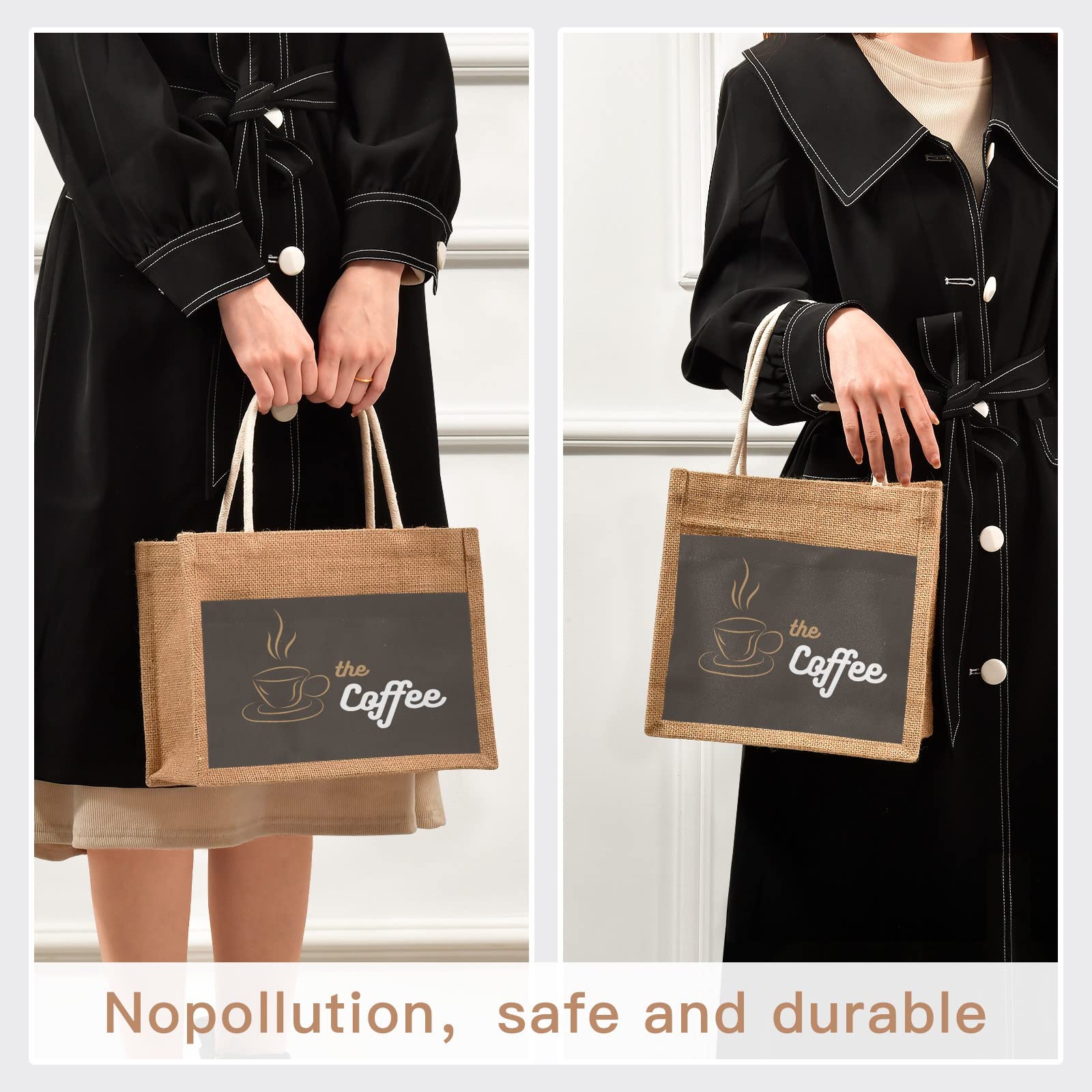 Linqin Coffee Jute Tote Bag - Waterproof Burlap Straw Grocery Shopping Bag with Sturdy Handles | Perfect for Beach, Travel, Farmers Market & Eco-Friendly Shopping