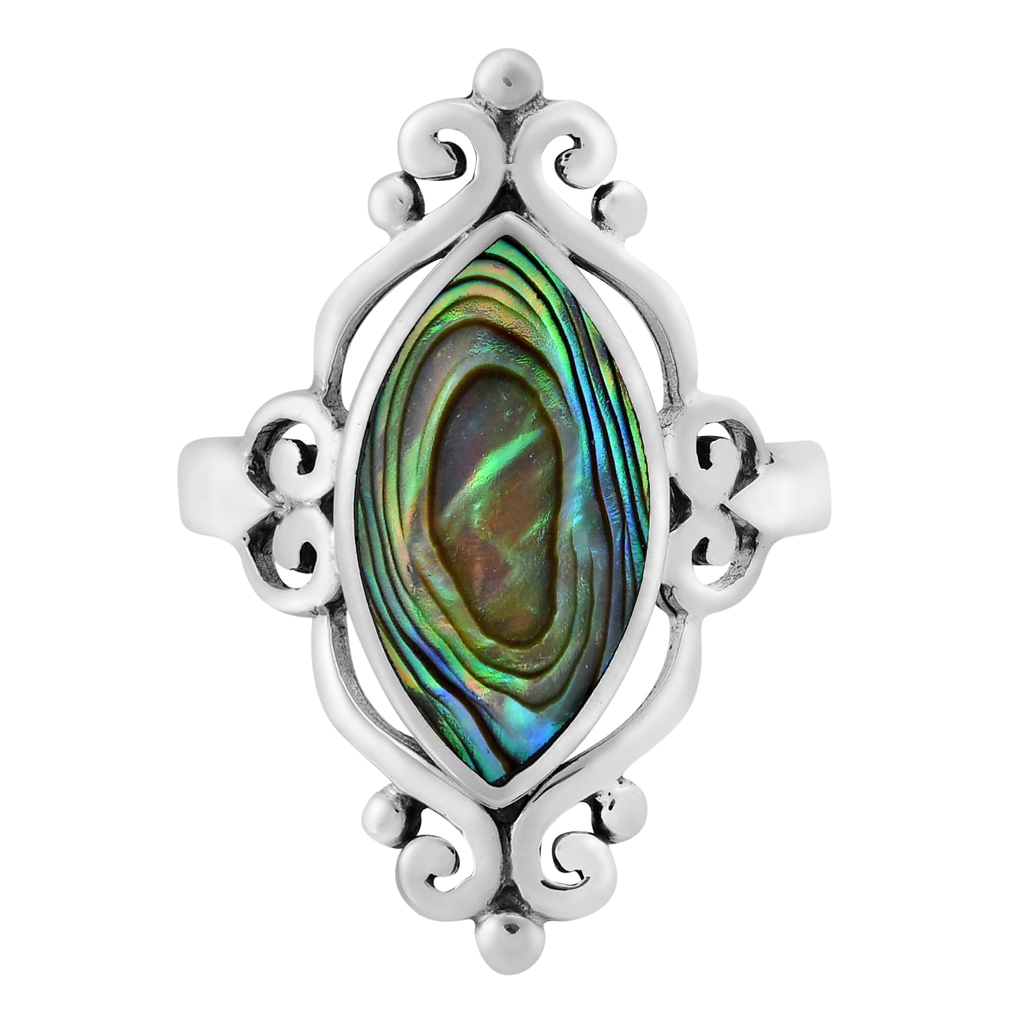 Vintage Marquise Filigree Abalone Shell Inlay .925 Sterling Silver Ring for Women | Elegant Wedding Band, Classic Comfort Fit Jewelry | Perfect Gift for Her, Anniversary or Birthday | Sizes 7-9 | Ideal for Bridal, Evening Wear and Special Occasions
