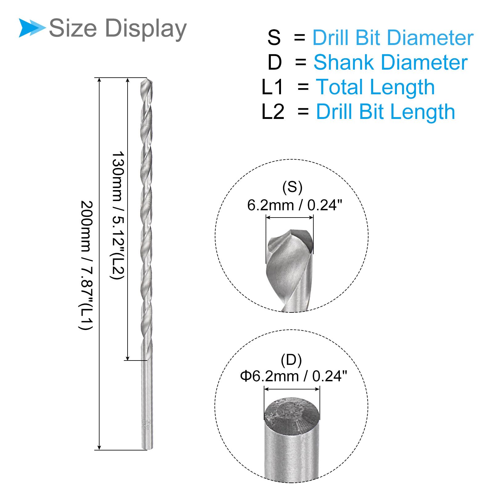 6.2mm x 200mm Extra Long High Speed Steel Twist Drill Bit for Metal, Wood, Copper - Perfect for Deep Hole Drilling in DIY Projects and Professional Woodworking