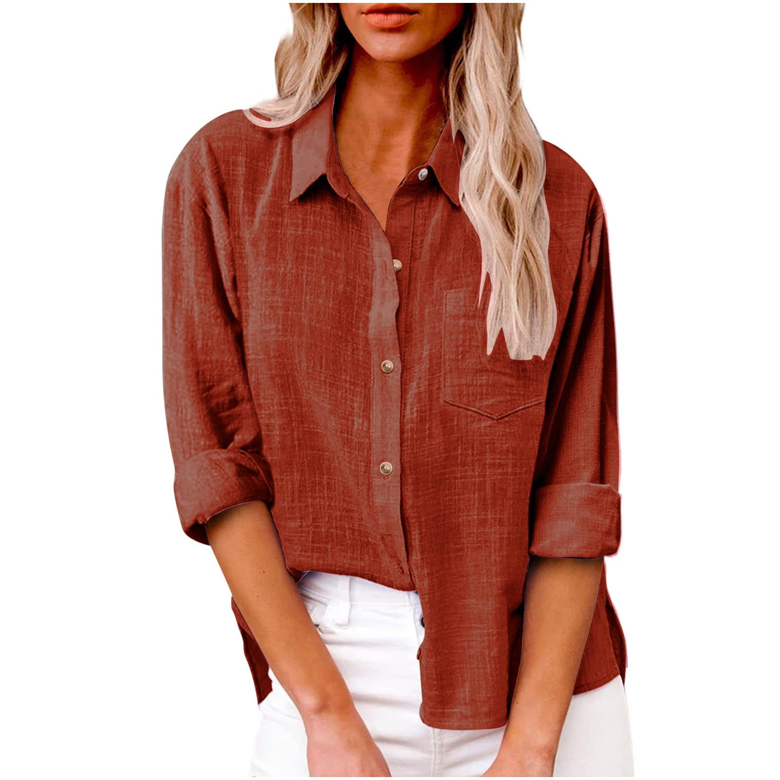 Women's Linen Long Sleeve Blouse - V Neck Button Down Shirt for Summer | Comfortable Business Casual Top for Office & Outdoor Wear