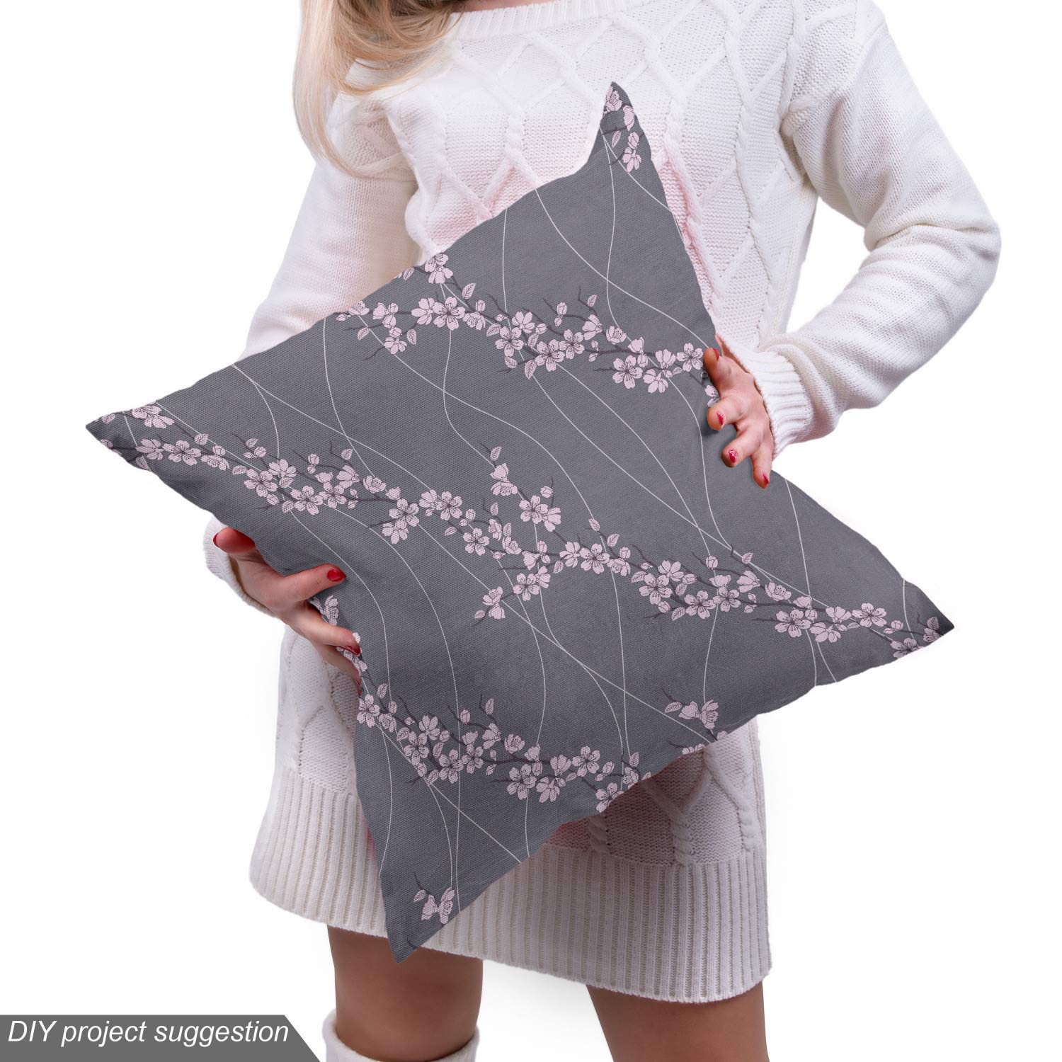 Ambesonne Floral Fabric by The Yard - Japanese Sakura Cherry Blossom Branches Modern Oriental Print, Taupe & Pale Pink Decorative Upholstery Fabric for Sofa, Curtains, Pillows & Home Decor | Perfect for Spring Home Accents & DIY Craft Projects