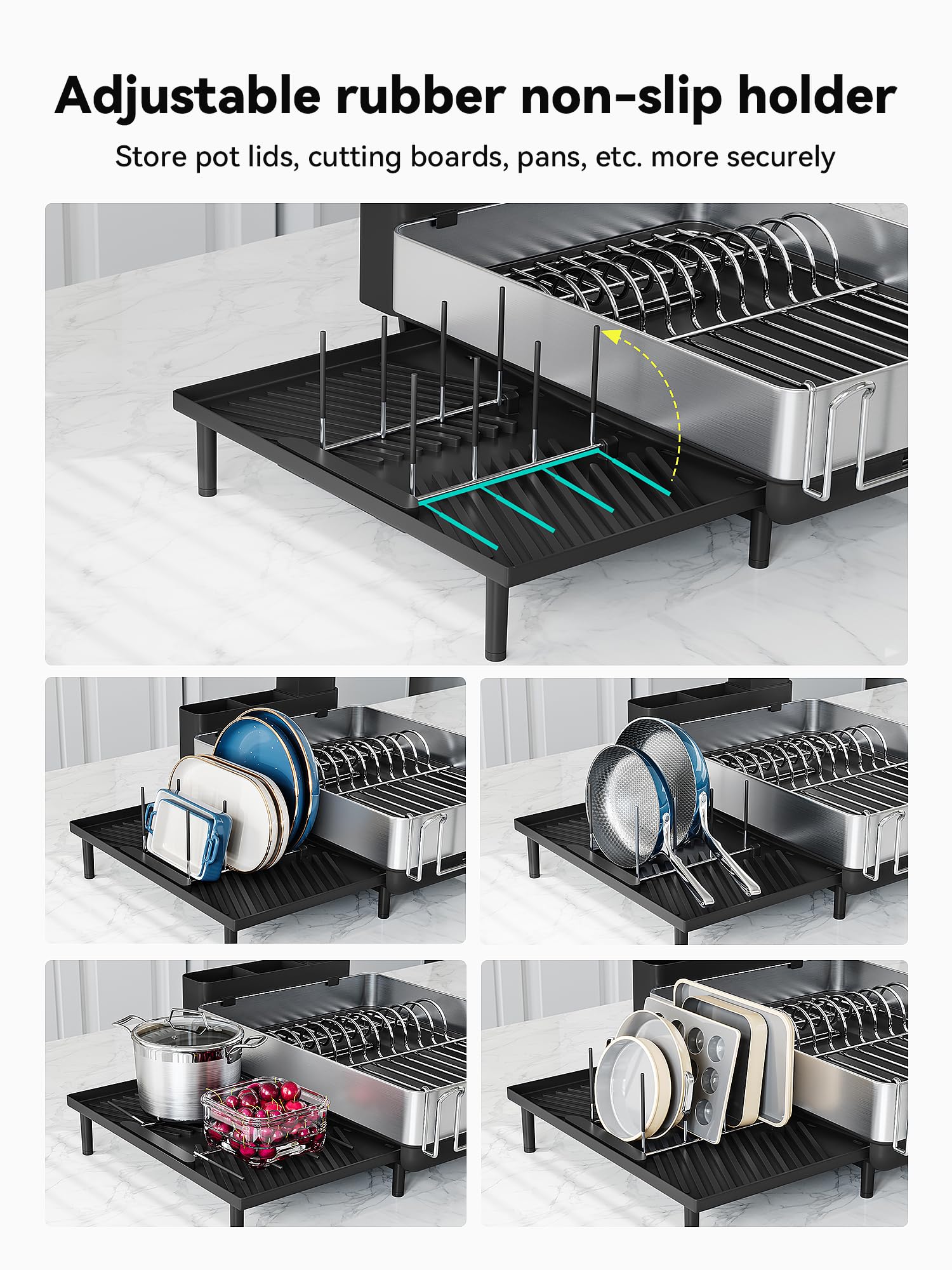 **SUNLY Large Expandable Dish Drying Rack - 304 Stainless Steel Space-Saving Kitchen Counter Drainer with Flip-Up Pegs - Perfect for Small Kitchens, Apartments & Dishwashing Organization (Black)**