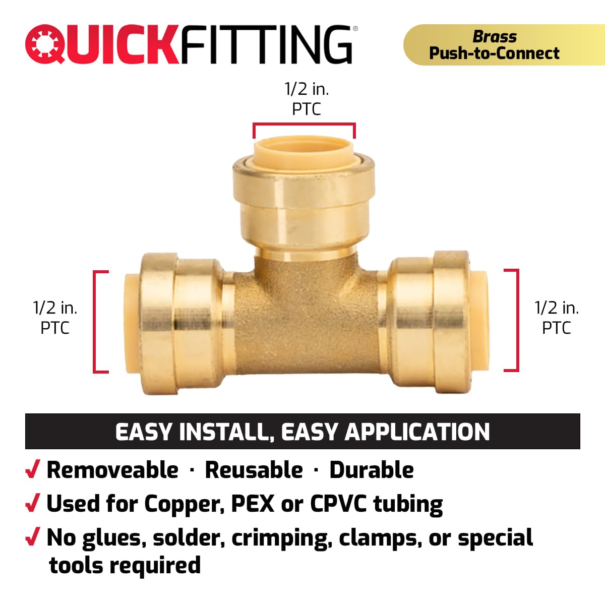 QuickFitting 1/2 inch Push On Tee Connector - Patented Brass Plumbing Fitting for Copper, PEX & CPVC Pipes | Superior Seal Design | 5-Pack | Perfect for DIY Plumbing, Home Repairs & Water Supply Systems