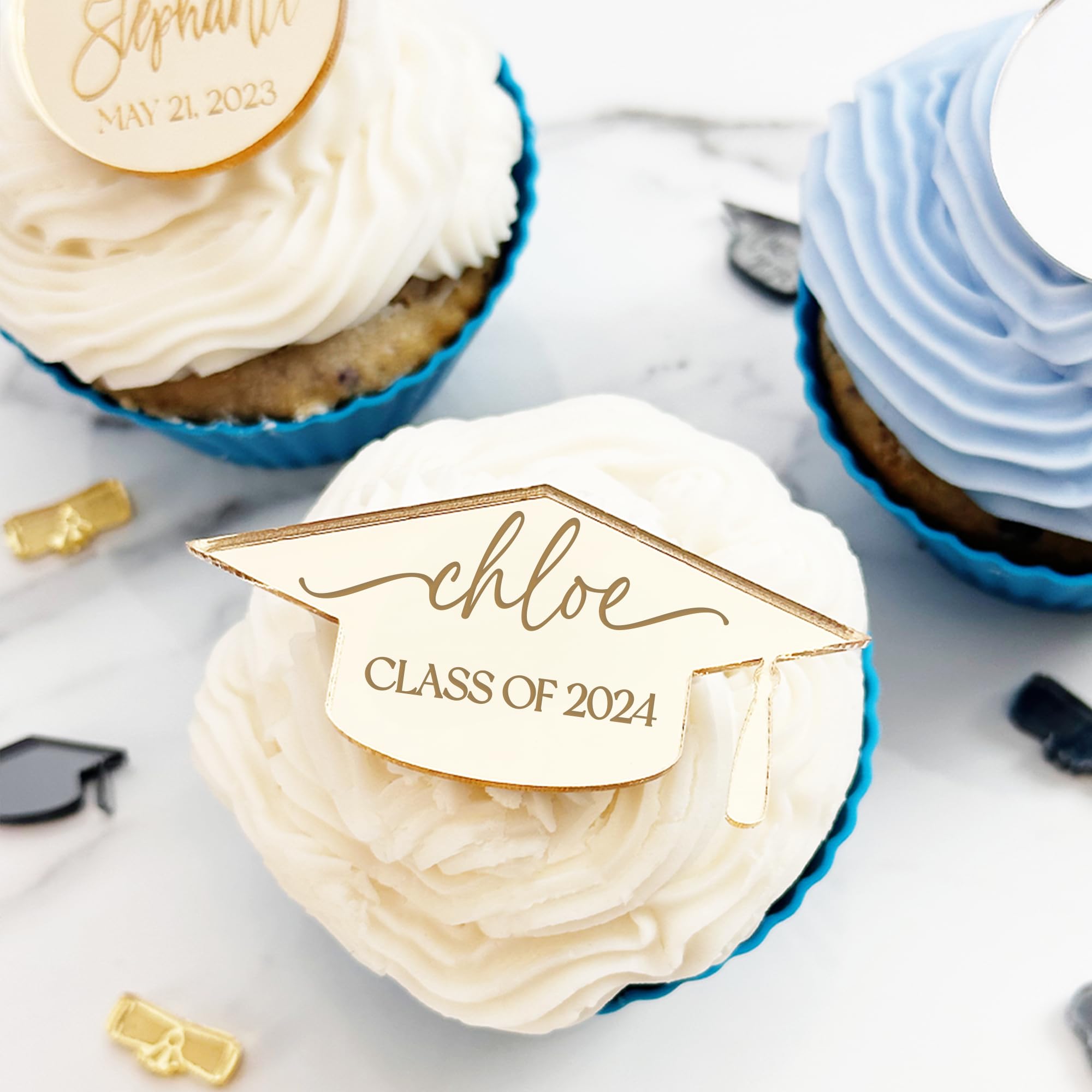 (12 Pack) Personalized Graduation Cupcake Toppers 2024 - Custom Cake Decorations for Graduation Party, Commencement Ceremony & School Celebration - Editable Name & Year Designs for DIY Cupcake Decorating