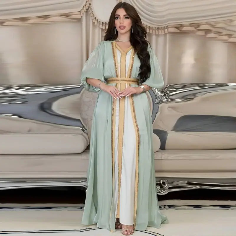 Elegant 2-Piece Eid Dress Set - Hotfix Rhinestone Satin Open Abaya Kaftan with Matching Sleeveless Inner Dress | Perfect for Eid Celebrations, Weddings & Special Occasions
