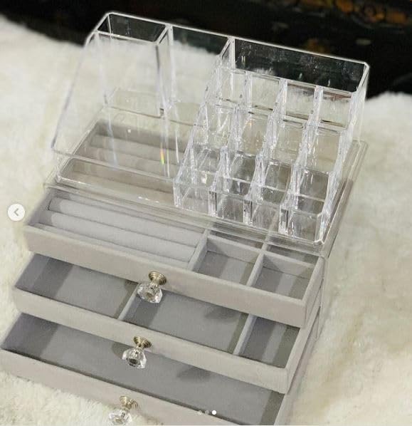 Seadra 3-Layer Velvet Jewelry Storage Box with Glass Cover - Gray Jewelry Organizer Case for Rings, Earrings & Necklaces - Perfect for Travel, Home Display & Gift Giving