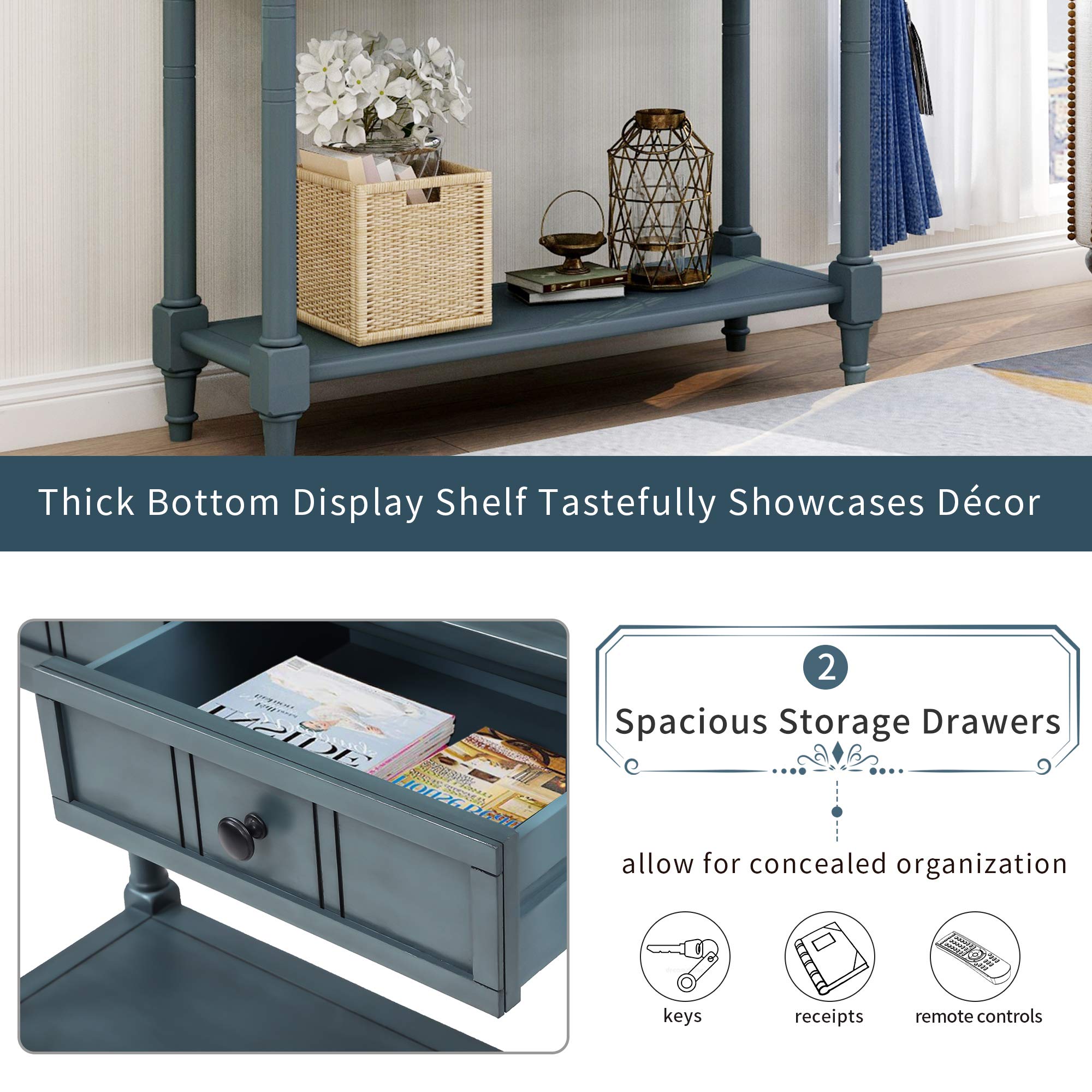Solid Wood Entryway Console Table with 2 Drawers & Bottom Shelf - Traditional Narrow Hallway Sofa Table for Small Spaces (Navy) | Perfect for Foyers, Living Rooms & Apartments