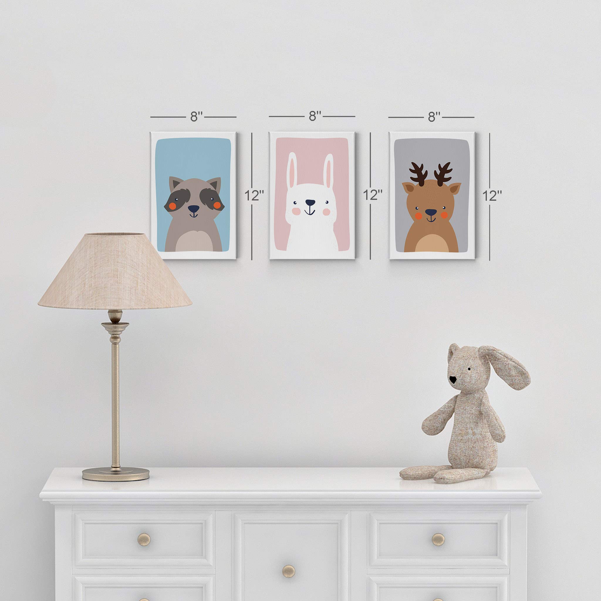 3-Piece Canvas Wall Art Set - Cute Raccoon, Rabbit & Deer on Blue, Pink & Gray Backgrounds | Kids Room Decor, Nursery Wall Art for Boys & Girls | Ready to Hang, Made in USA (36x24 inches each) | Perfect for Bedrooms, Playrooms & Baby Shower Gifts