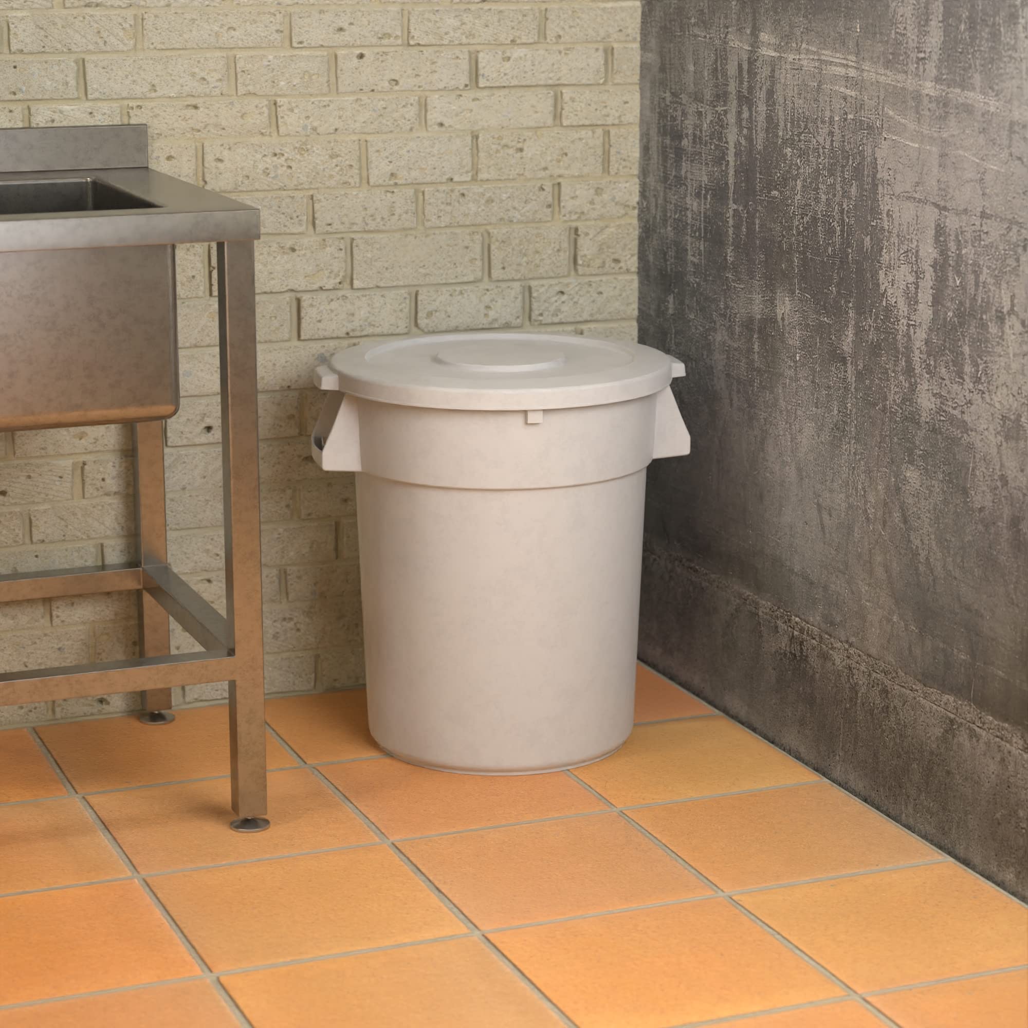 32 Gallon White Round Commercial Trash Can with Lid - Heavy Duty Waste Bin for Kitchen, Office, Restaurant & Outdoor Use
