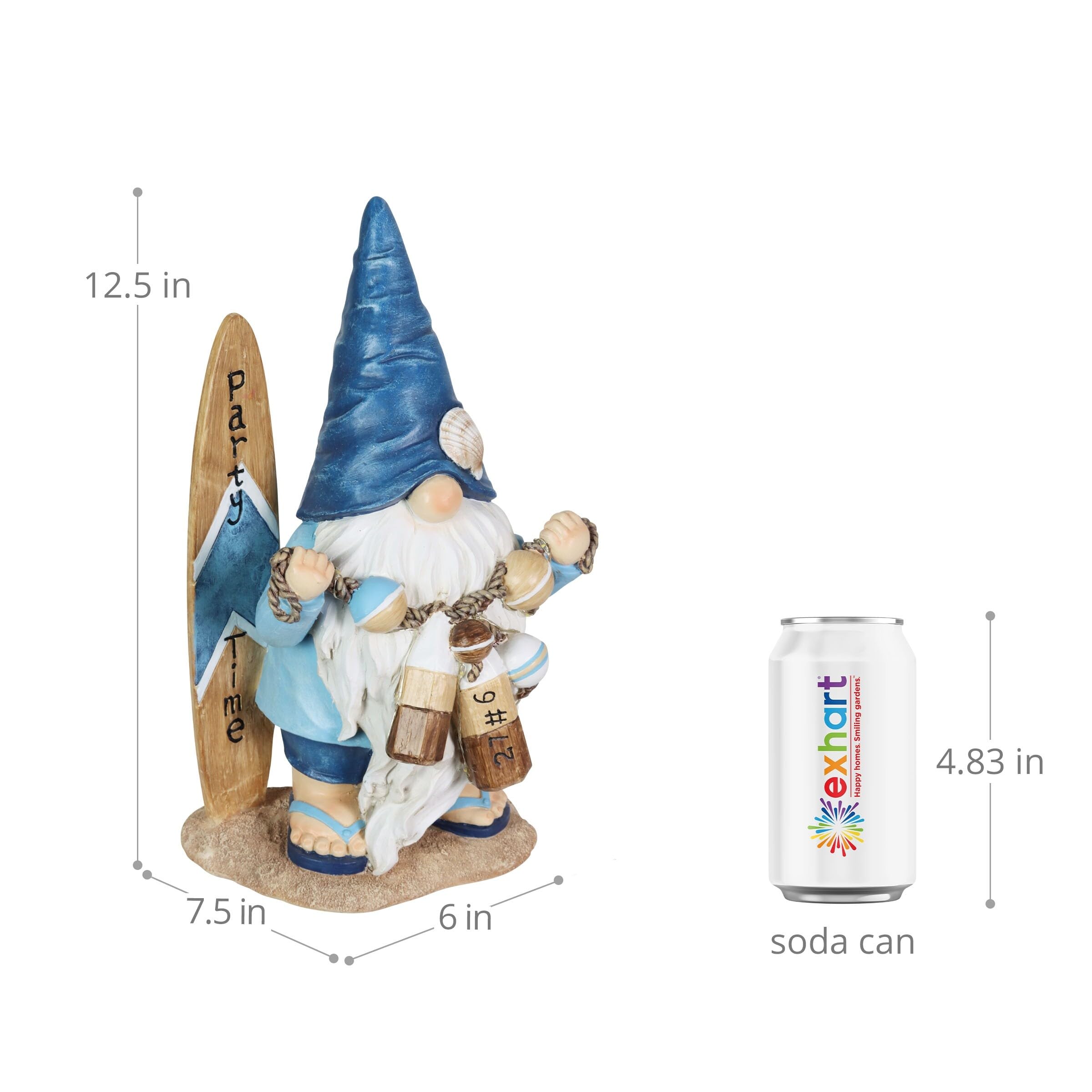 Exhart Solar-Powered Garden Gnome with LED Lights - Surfboard Sign, Outdoor Lawn & Yard Decoration (7 x 6 x 12.5 Inch) - Perfect for Beach-Themed Parties, Backyard Decor & Nighttime Illumination