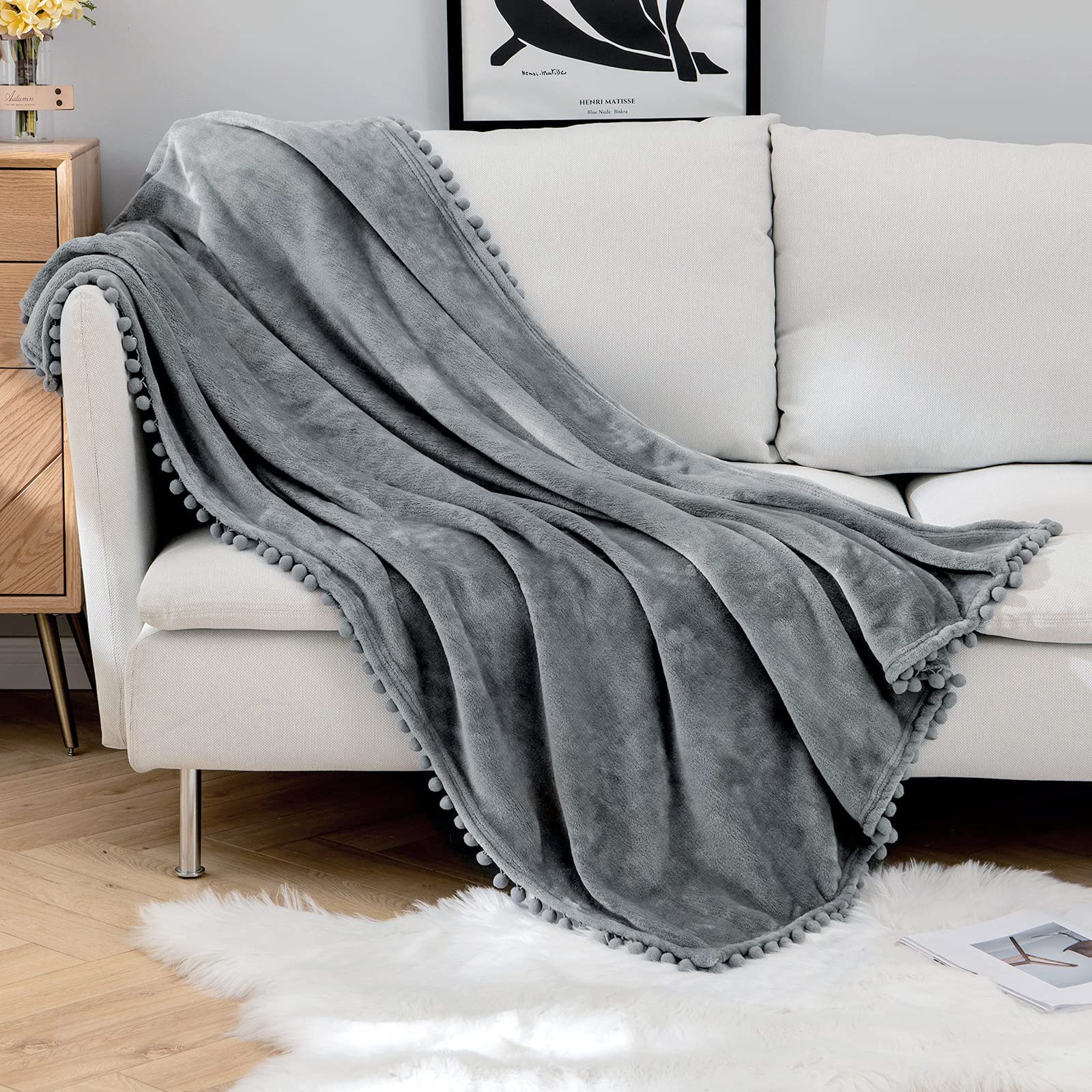 MIULEE Soft Fleece Blanket with Pompom Fringe - Cozy Lightweight Flannel Throw Blanket for Bed, Couch & Sofa - Plush Warm Fuzzy Blanket with Decorative Tassels - 50