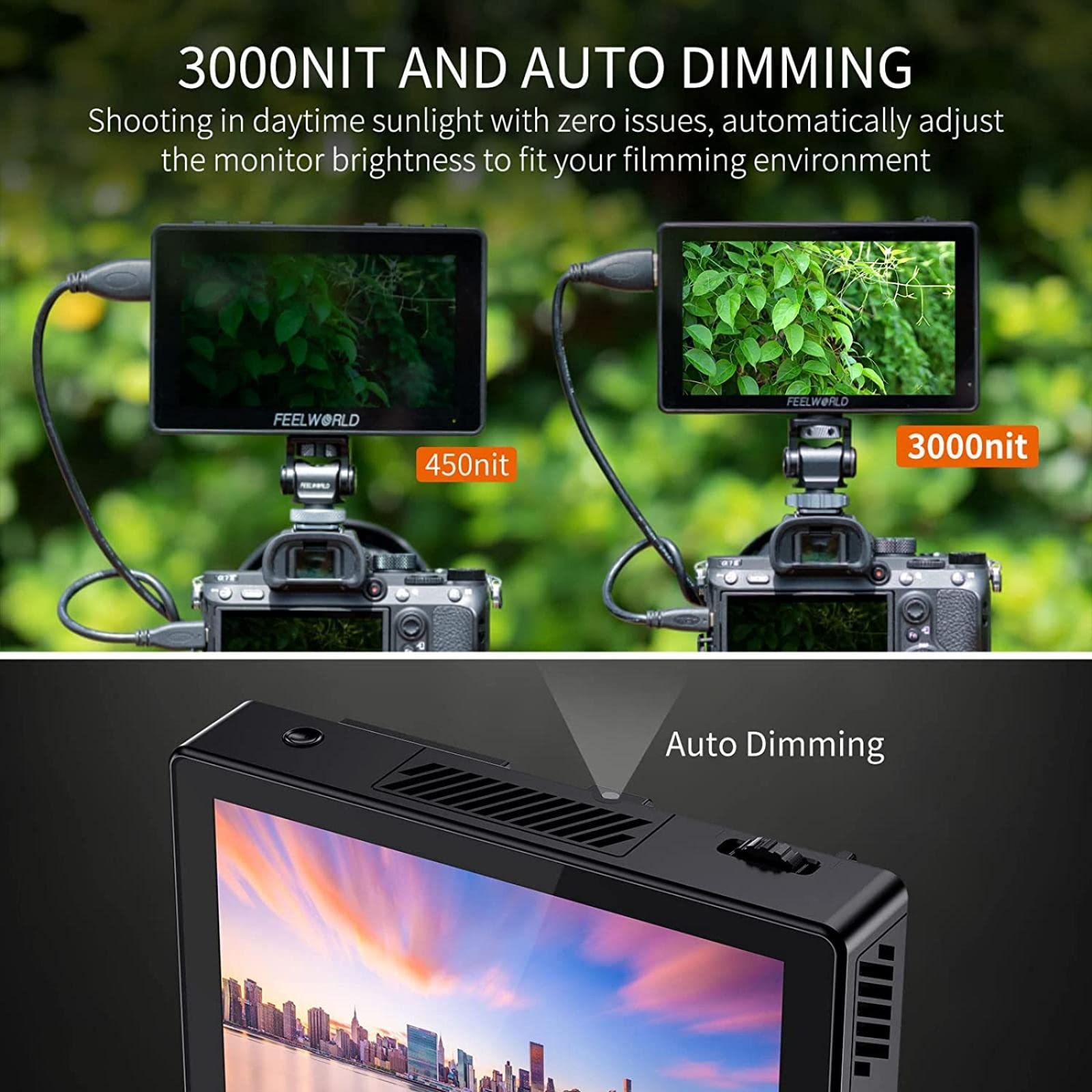 FEELWORLD LUT5 5.5 Inch 3000nit Ultra Bright DSLR Camera Field Monitor - Touchscreen, 3DLUT, F970 Battery, 1920x1080 Full HD, 4K HDMI Input - Perfect for Outdoor Filming, Vlogging, and Professional Video Production