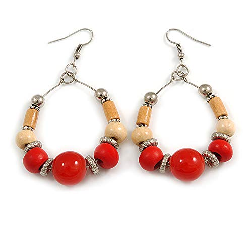 Stylish Red Ceramic and Natural Wood Bead Hoop Earrings in Silver Tone - 70mm Long Boho Chic Dangle Earrings for Women, Perfect for Parties, Weddings & Everyday Wear